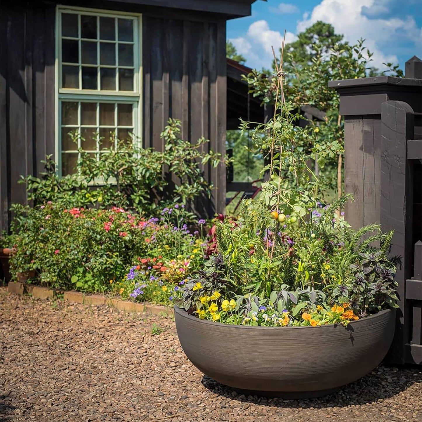 Crescent Garden Extra Large Outdoor Planter Bowl with Drain Hole for Water Gardens, Fountains, Decorative Landscaping - 40" W x 15" H (Weathered Concrete)