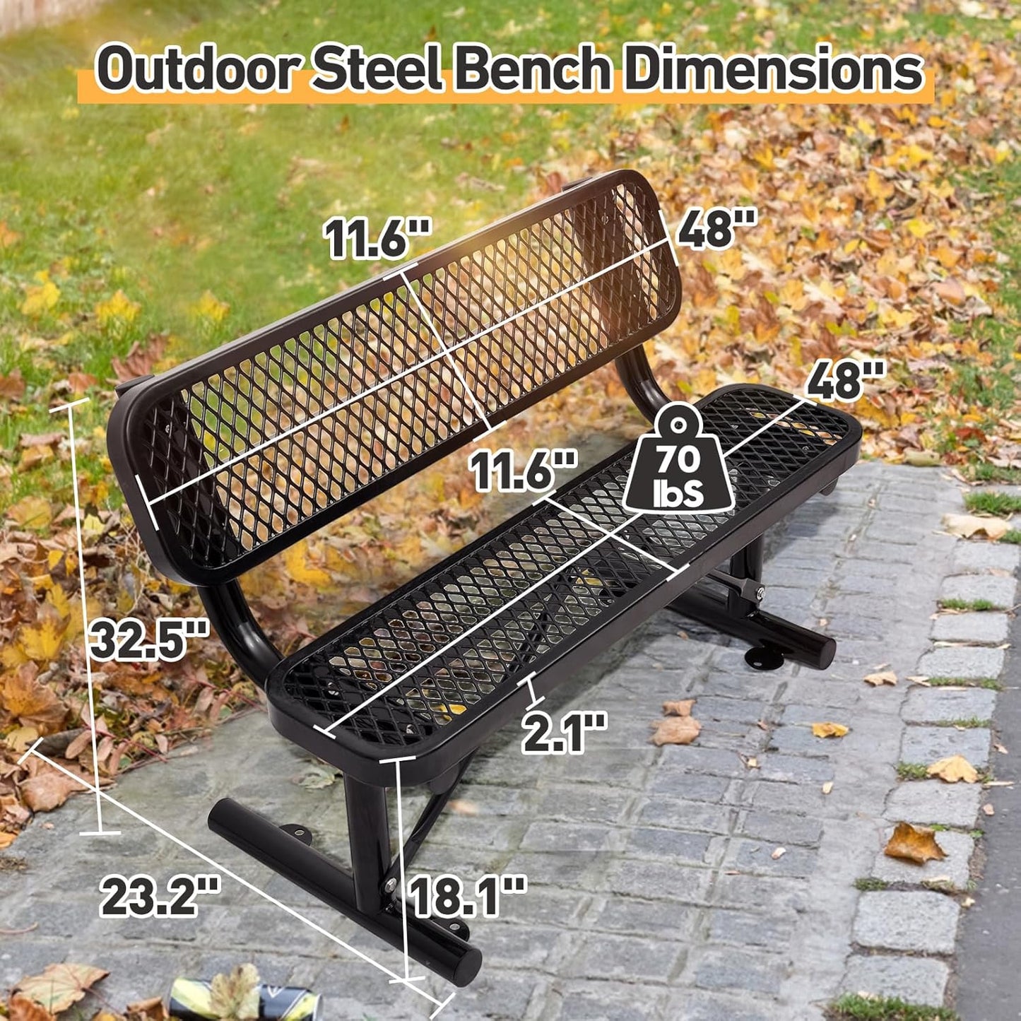 Drexo 4FT Heavy Duty Park Bench with Back Portable Frame, Outdoor Metal Park Bench with Backrest, Steel Mesh Outdoor Bench for Garden, Lawn, Patio, Porch, Park, Yard, Black