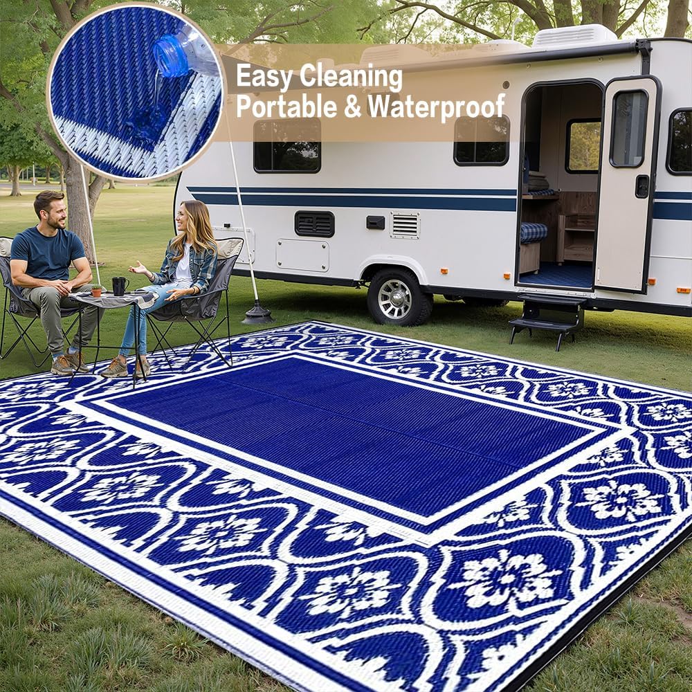 RV Outdoor Rug Waterproof Mat 9'x12' Camping Carpet Outside Area Rugs Reversible Light Blue Rugs for Deck Entryance Porch Picnic Balcony Beach
