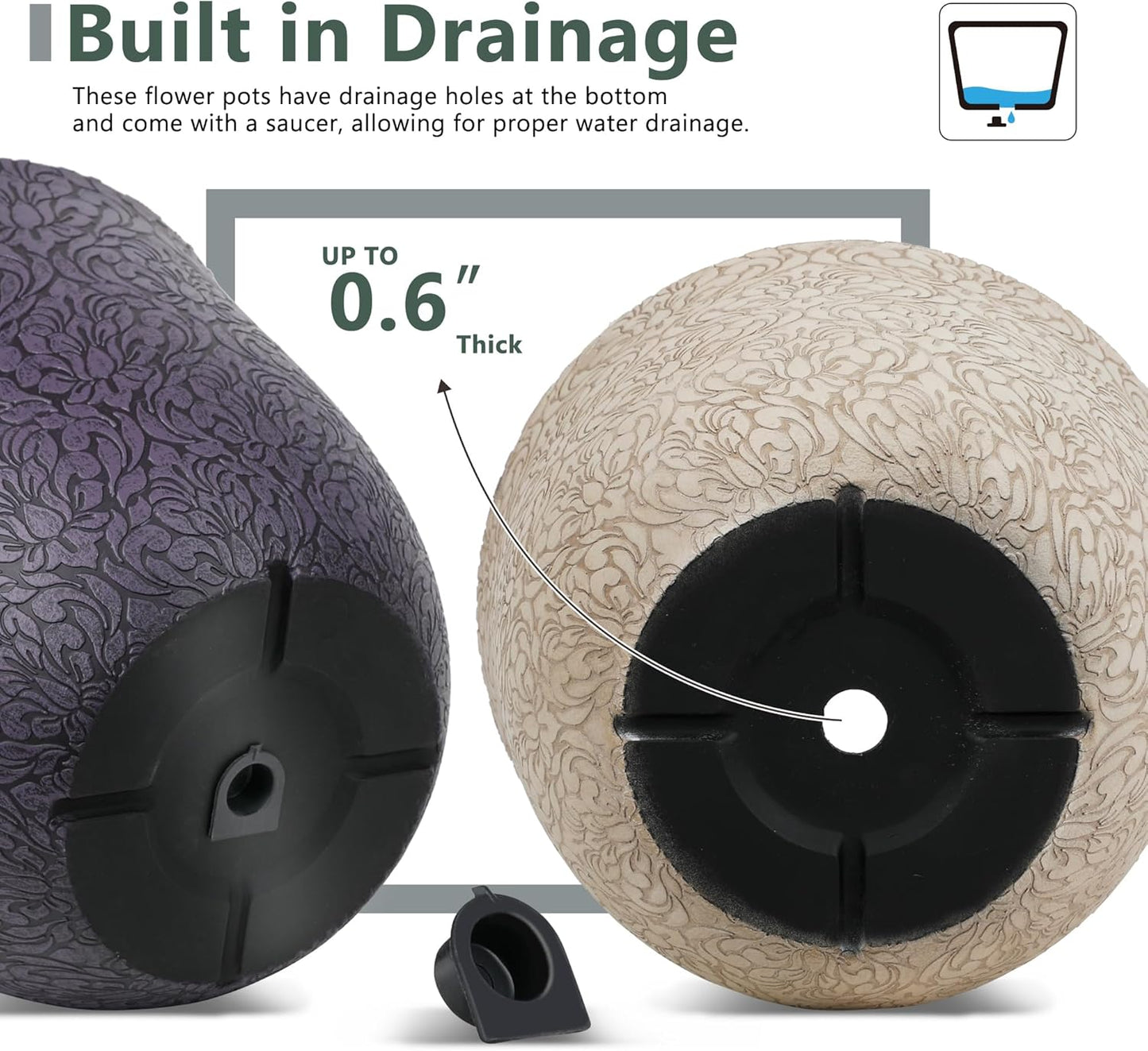 Worth Garden Plastic Round 8" Plant Pots for Indoor Plants - Set of 6 Multicolor Small Flower Pots W/Drainage Hole and Rubber Plug - Home Christmas Decorative planters Retro Floral Pattern