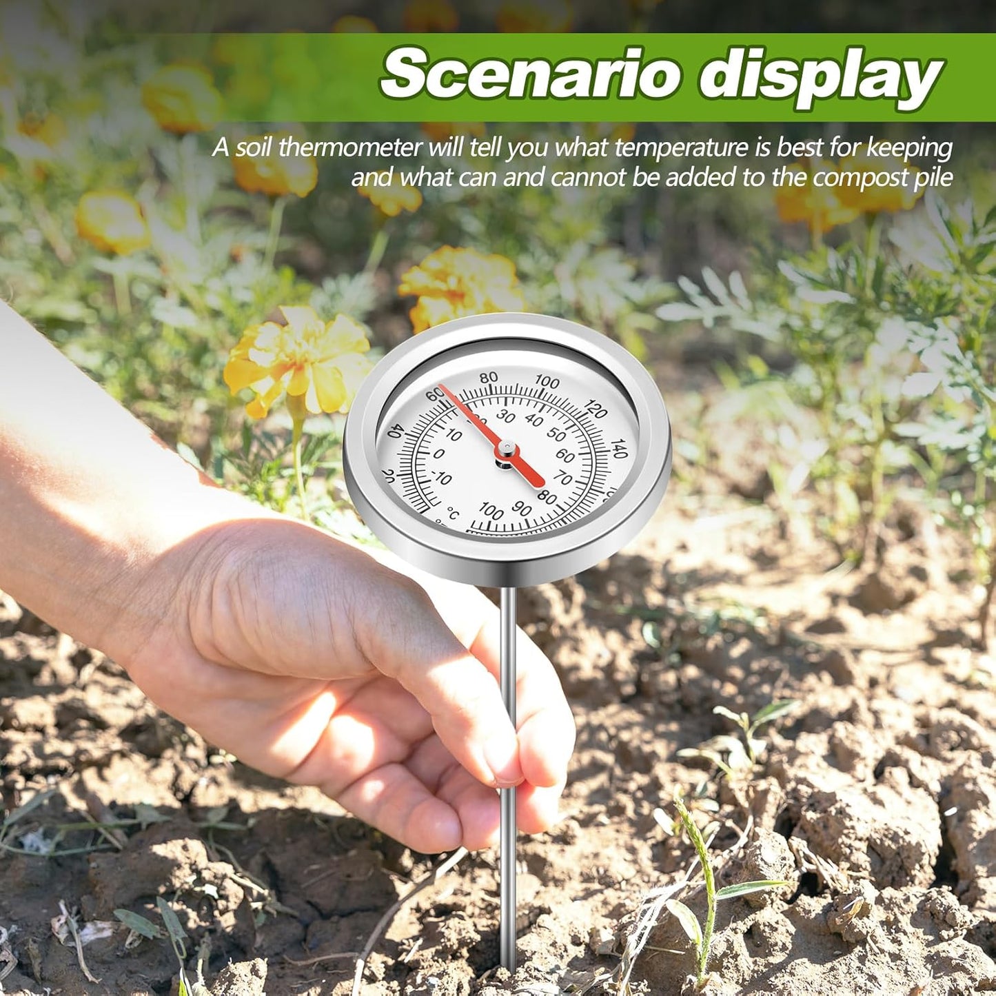 Compost Thermometer 39.4 Inch Stem Composting Soil Thermometer Waterproof Soil Temperature Thermometer, Fahrenheit and Celsius, Stainless Steel, with Composting Temperature Guide
