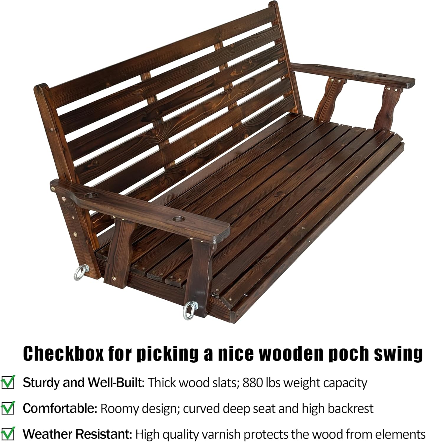 Wooden Porch Swing, Ergonomic Seat, Bench Swing with Hanging Chains and 7mm Springs, Heavy Duty 880 LBS, for Outdoor Patio Garden Yard (Deep Brown, 3-Seater Extra Large)