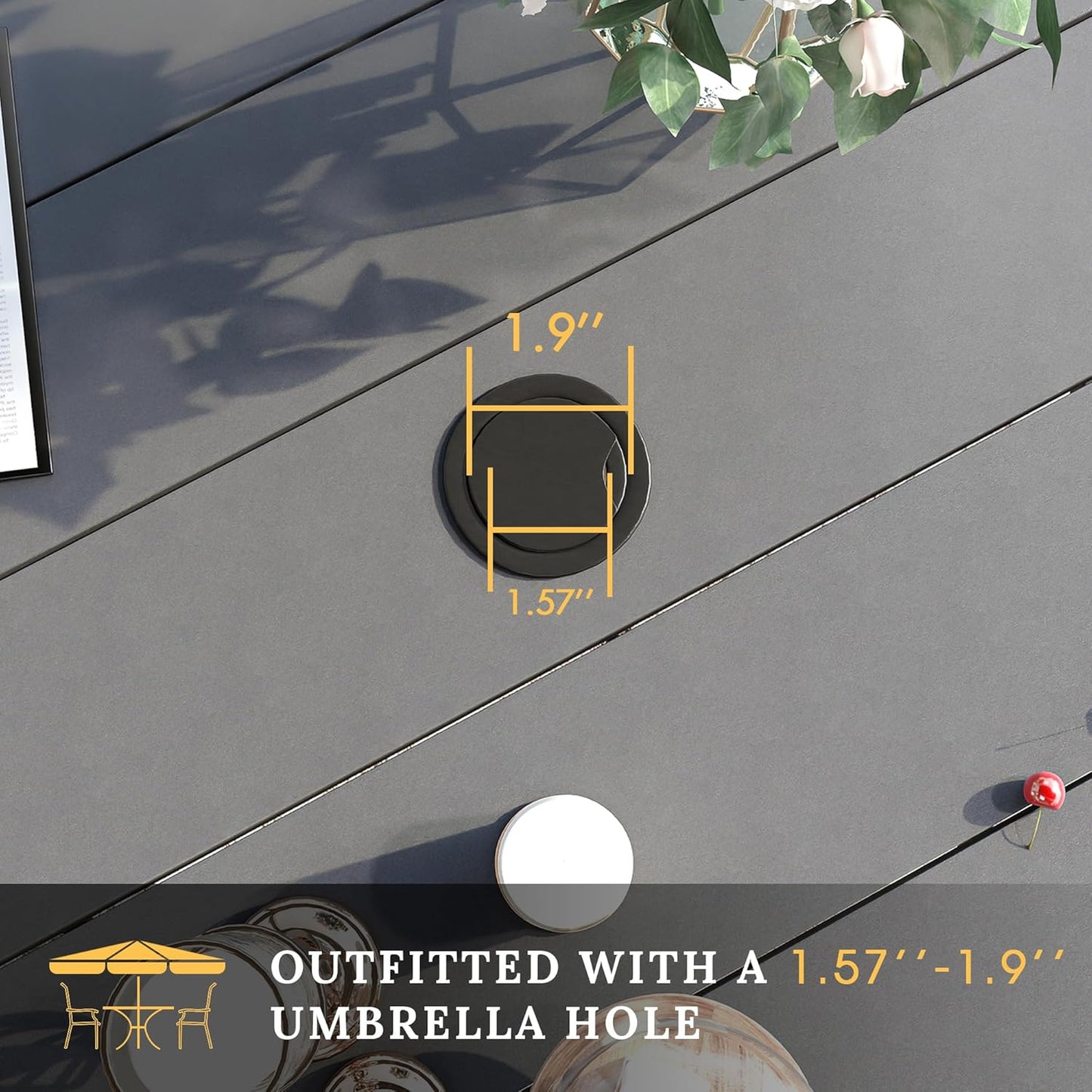 VICLLAX 47.2" Outdoor Round Patio Table for Lawn Garden, All Weather Metal Round Patio Dining Table with Adjustable Umbrella Hole, 6 Person Patio Table, Grey Tabletop