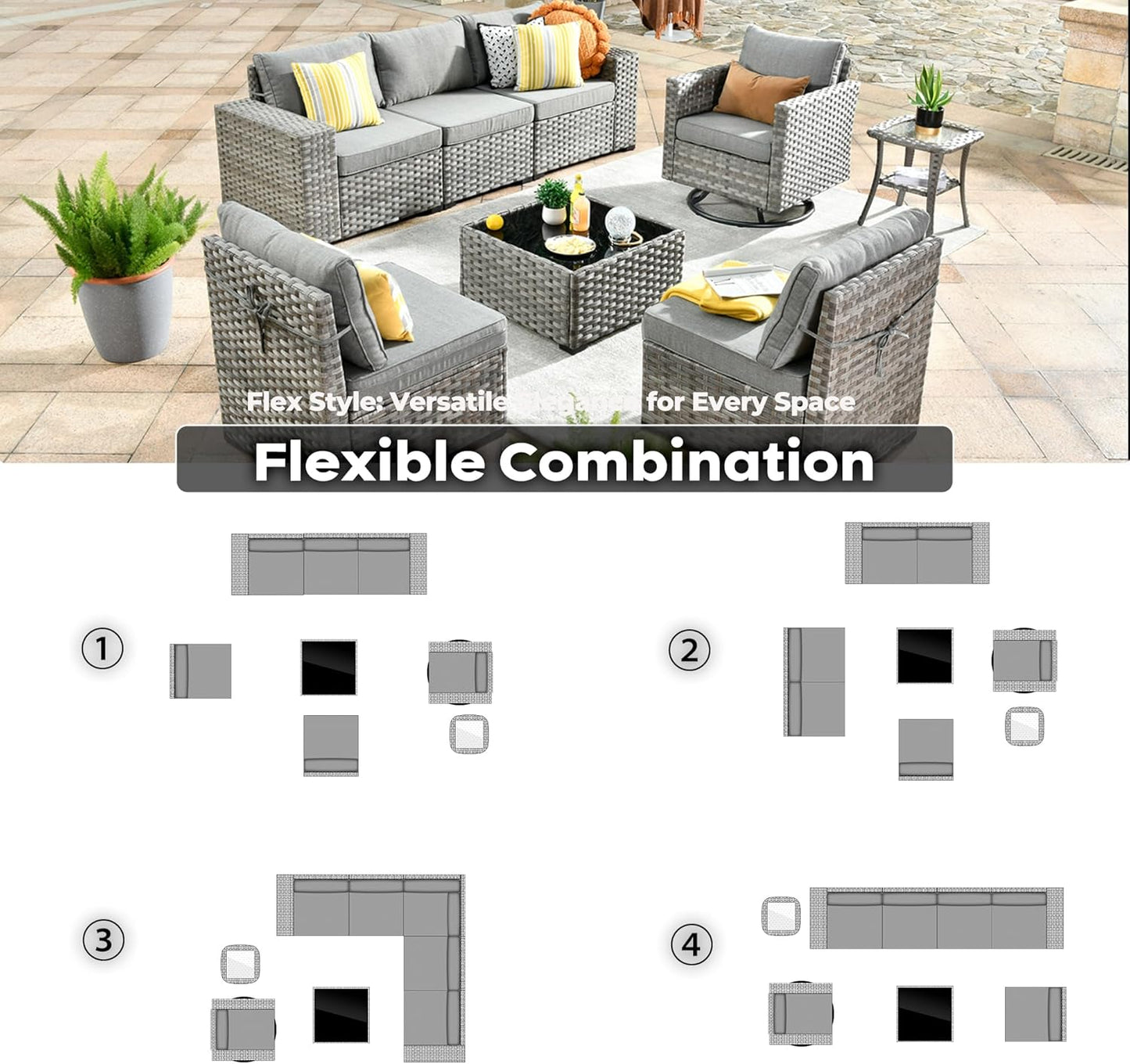 ovios 8 Pieces Patio Furniture Set, Outdoor Wicker Sectional Sofa with Swivel Chair Coffee Table, Modern Modular Deep Seat Rattan Couch Conversation Sets, Dark Grey