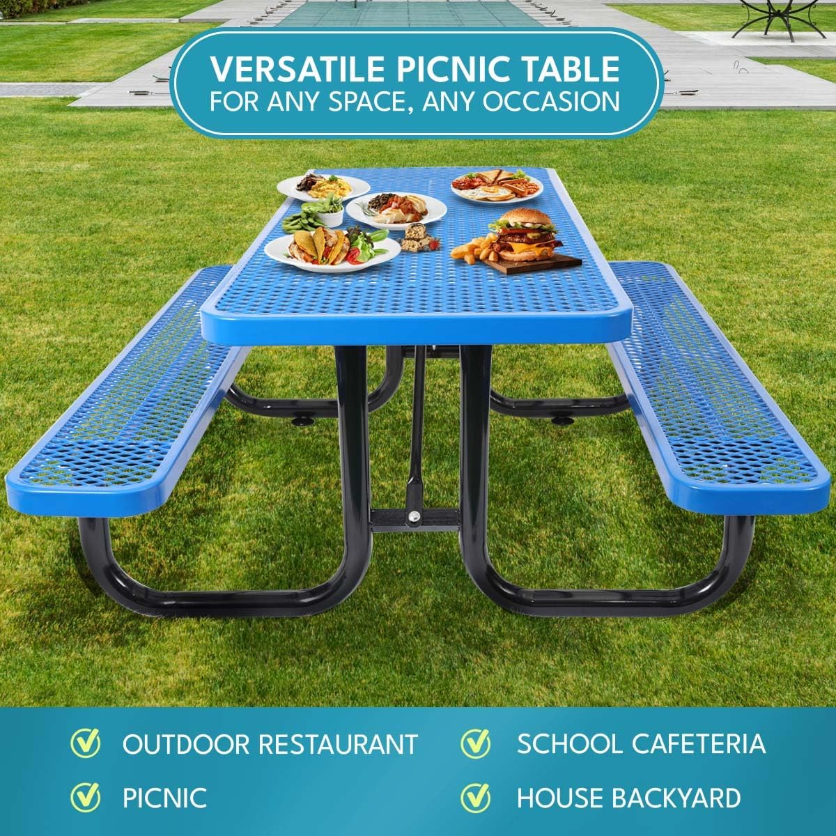 6 ft. Rectangular Outdoor Steel Picnic Table with Umbrella Pole, Heavy-Duty Weather-Resistant Dining Table for Patio, Backyard, and Garden, Rust-Resistant Finish, Blue