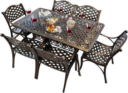 Outdoor Patio Dining Set Cast Aluminum 7 Piece Patio Bistro Dining Set,Metal Rectangular Patio Table and Chairs Set for 6 Person with Umbrella Hole,Patio Furniture Sets for Garden,Bronze