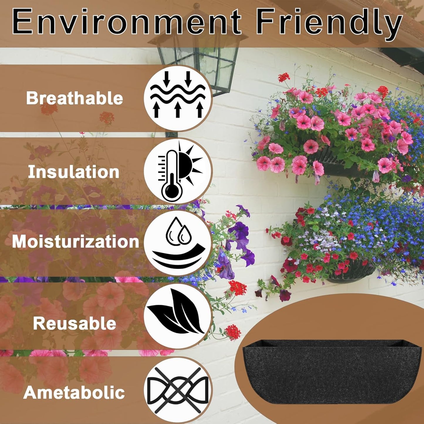 2-Pack 24in Planter Liners - Breathable Felt Hanging Basket and Window Box Liners - Prevent Root Suffocation and Bird Damage - Black