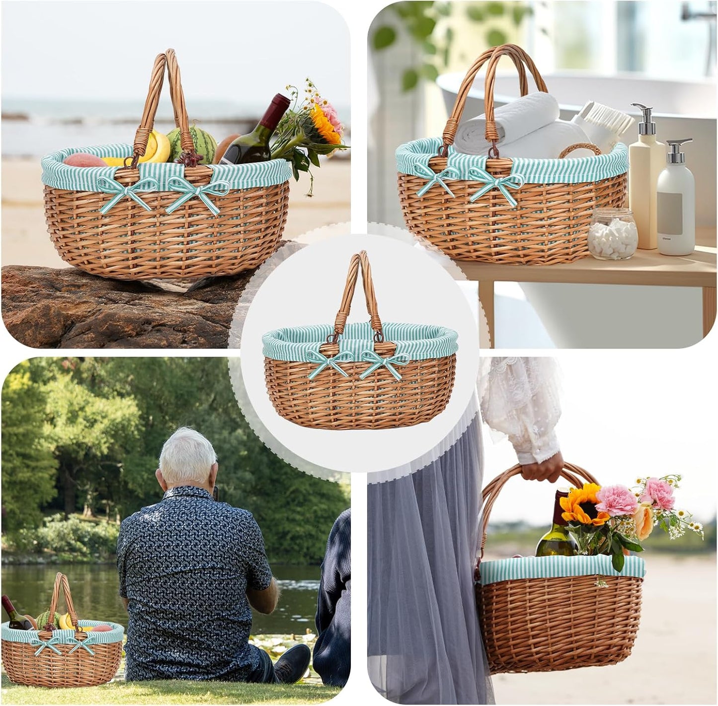 G GOOD GAIN Oval Picnic Basket with Folding Handles, Willow Hand Woven Shopping Basket, Bath Toy Kids Toy Storage Gift Packing Basket, Wicker Empty Easter Eggs and Candy Small Gift Basket.Green