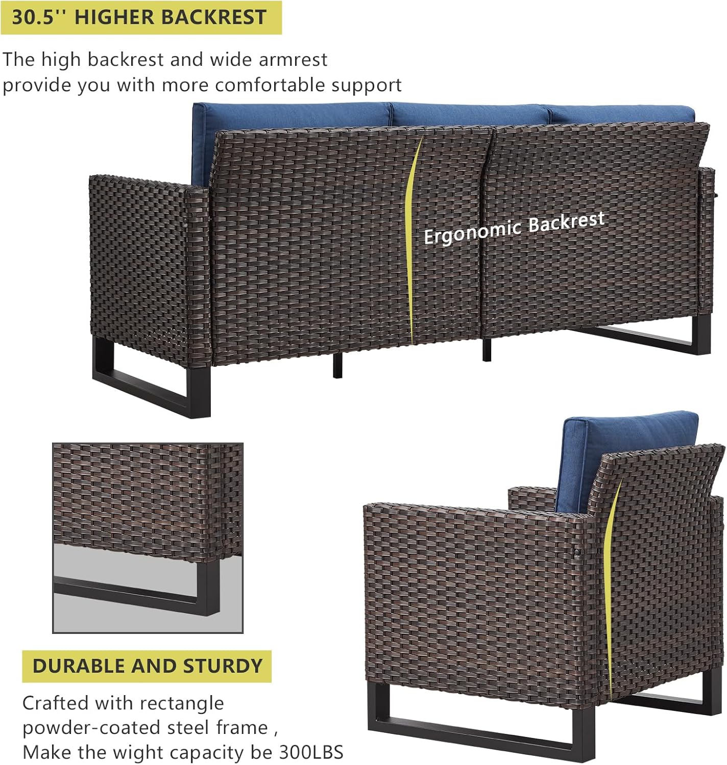 HUMMUH 8 Piece Patio Furniture with Fire Pit,PE Wicker Outdoor Conversation Sets-6-Seater Sofa,Patio Swivel Chairs Outdoor Chairs, Propane Fire Pit,Side Table for Porch,Garden,Backyard(Brown/Blue)