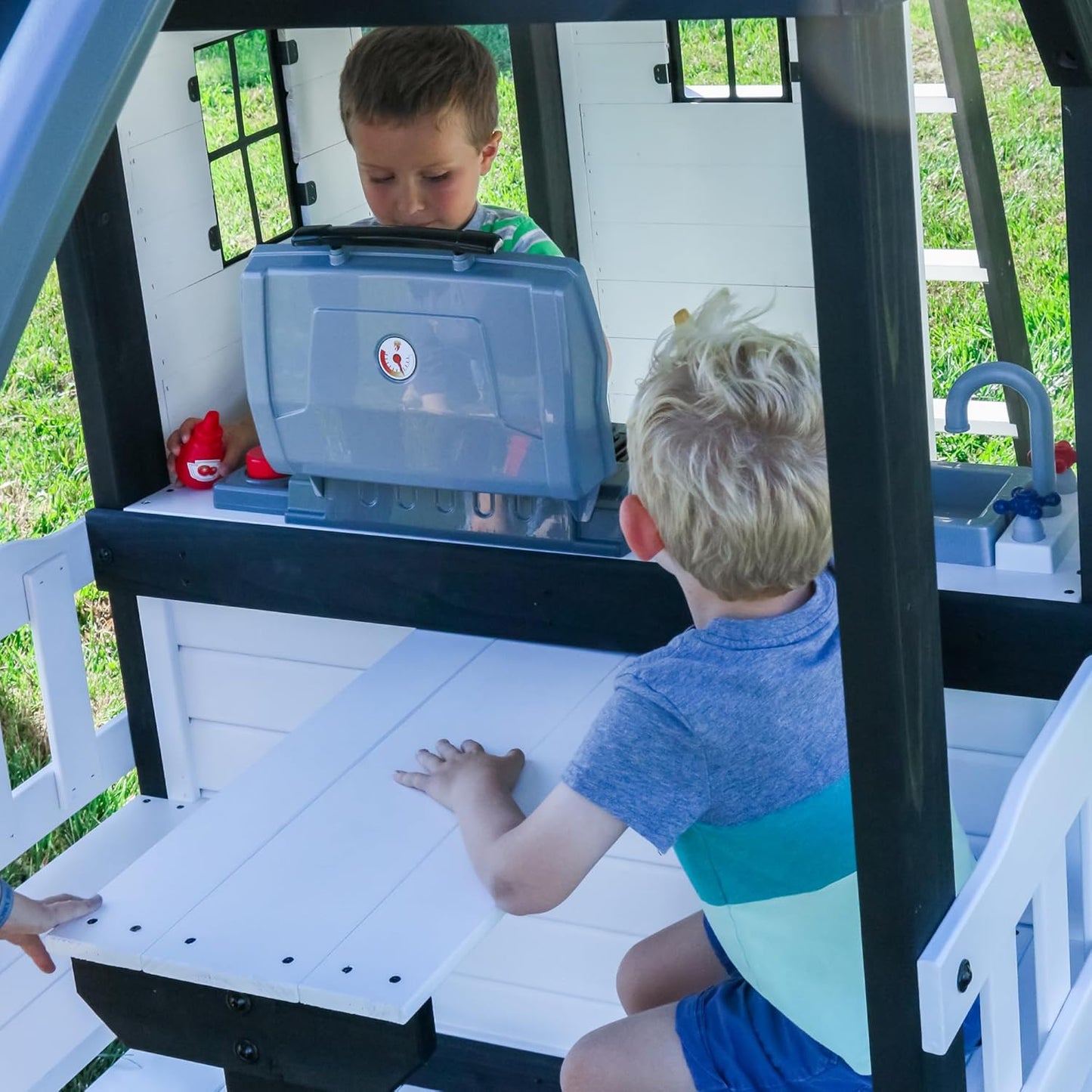 Backyard Discovery Canyon Creek White Cedar Wood Swing Set with Wave Slide, Clubhouse, Play Kitchen, Picnic Area, Belt Swings, Web Swing, Rock Wall, Balconies, Playhouse, Step Ladder, Outdoor Playset