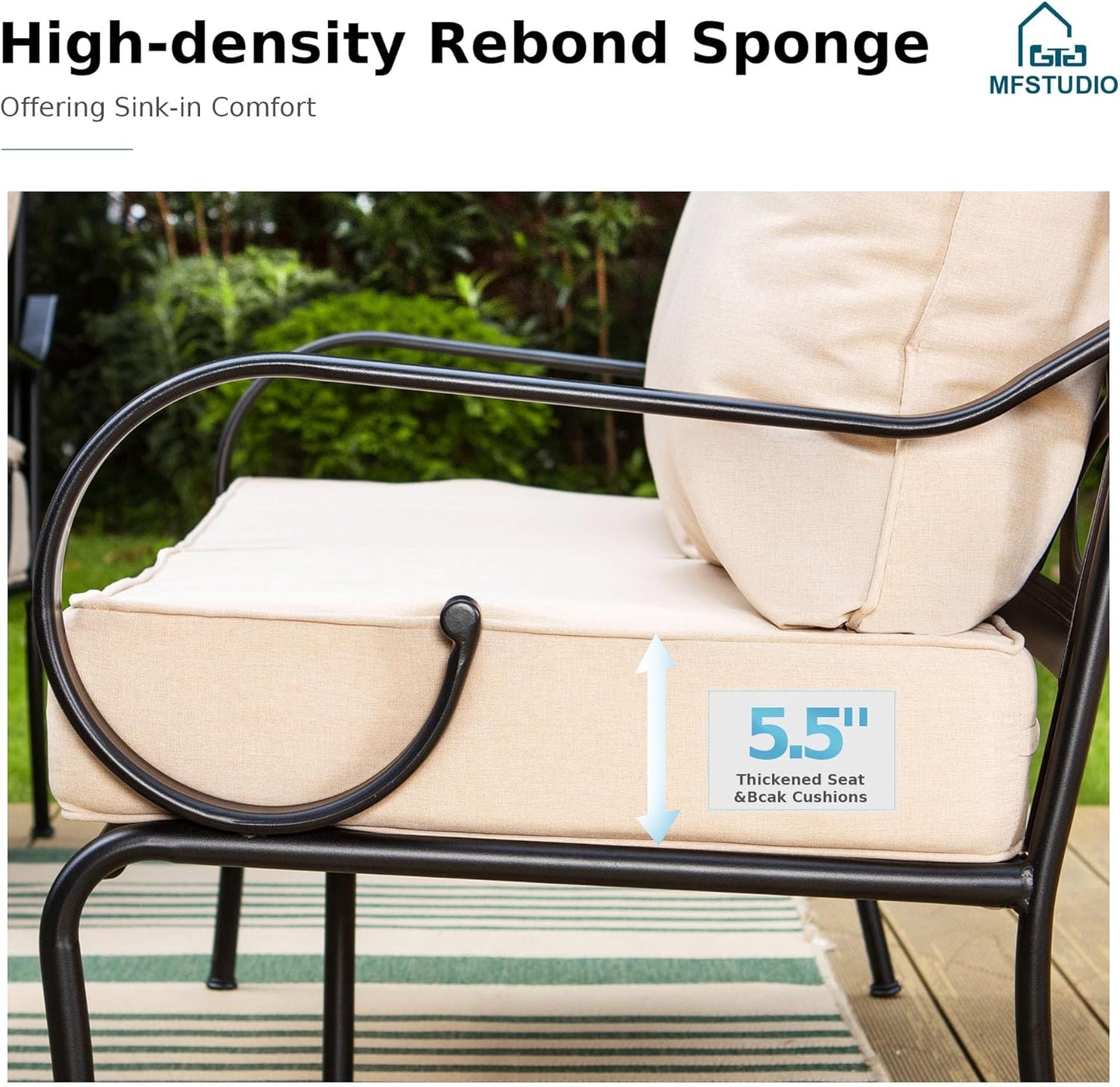 MFSTUDIO 7 Seats Large Metal Patio Conversation Sets, 6 Pieces Outdoor Patio Furniture Sofa with 4 Motion Chairs, 1 Sofa(3-seat) and Table for Outside Balcony Backyard Poolside