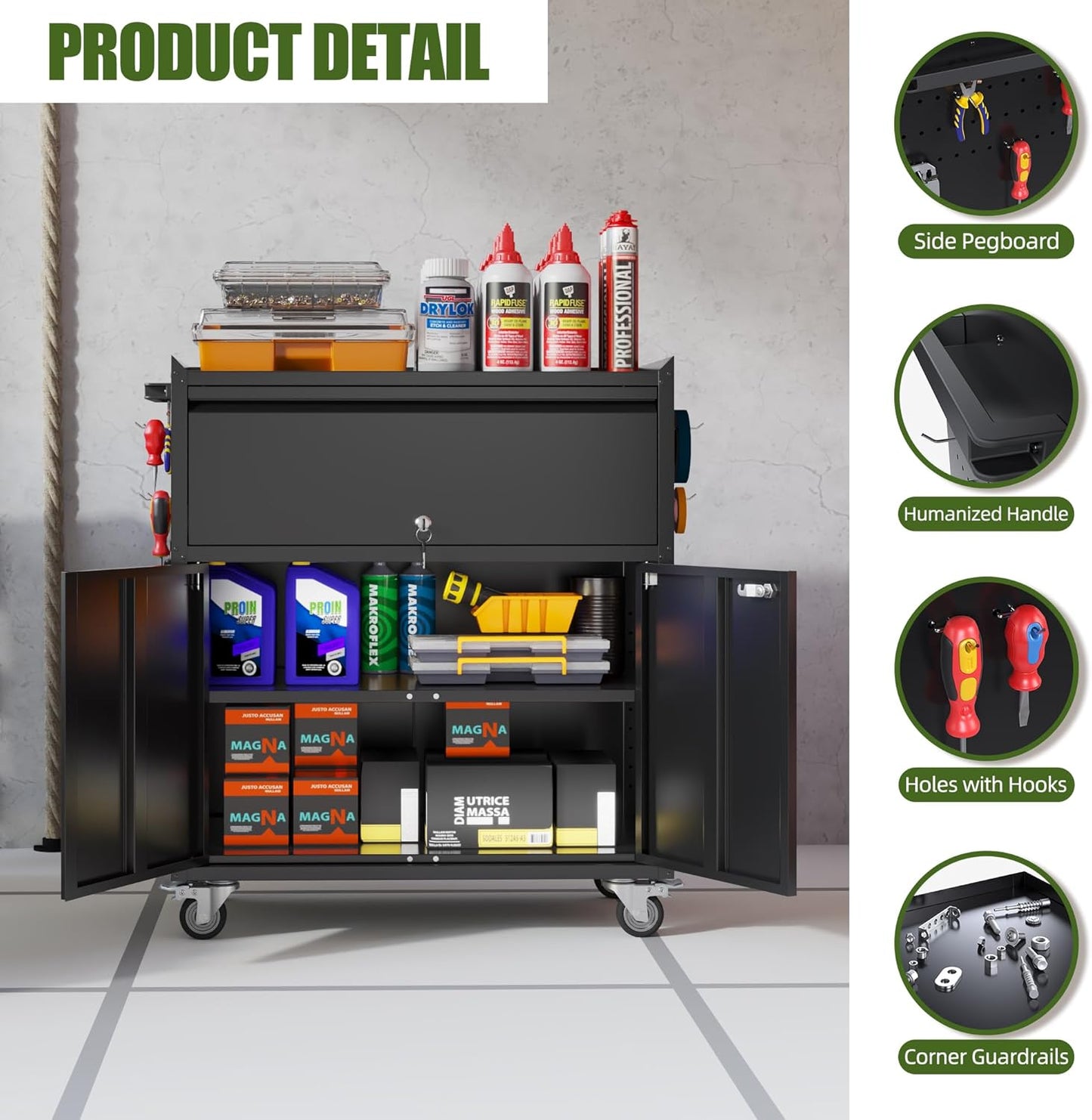 35.43'' H Metal Storage Cabinet on Wheels with 1 Drawer, Rolling Steel Garage Tools Cabinet with Side Pegboard &4 Hooks & 1 Adjustable Shelf for Garage,Shop,Home, Black, Assembly Required