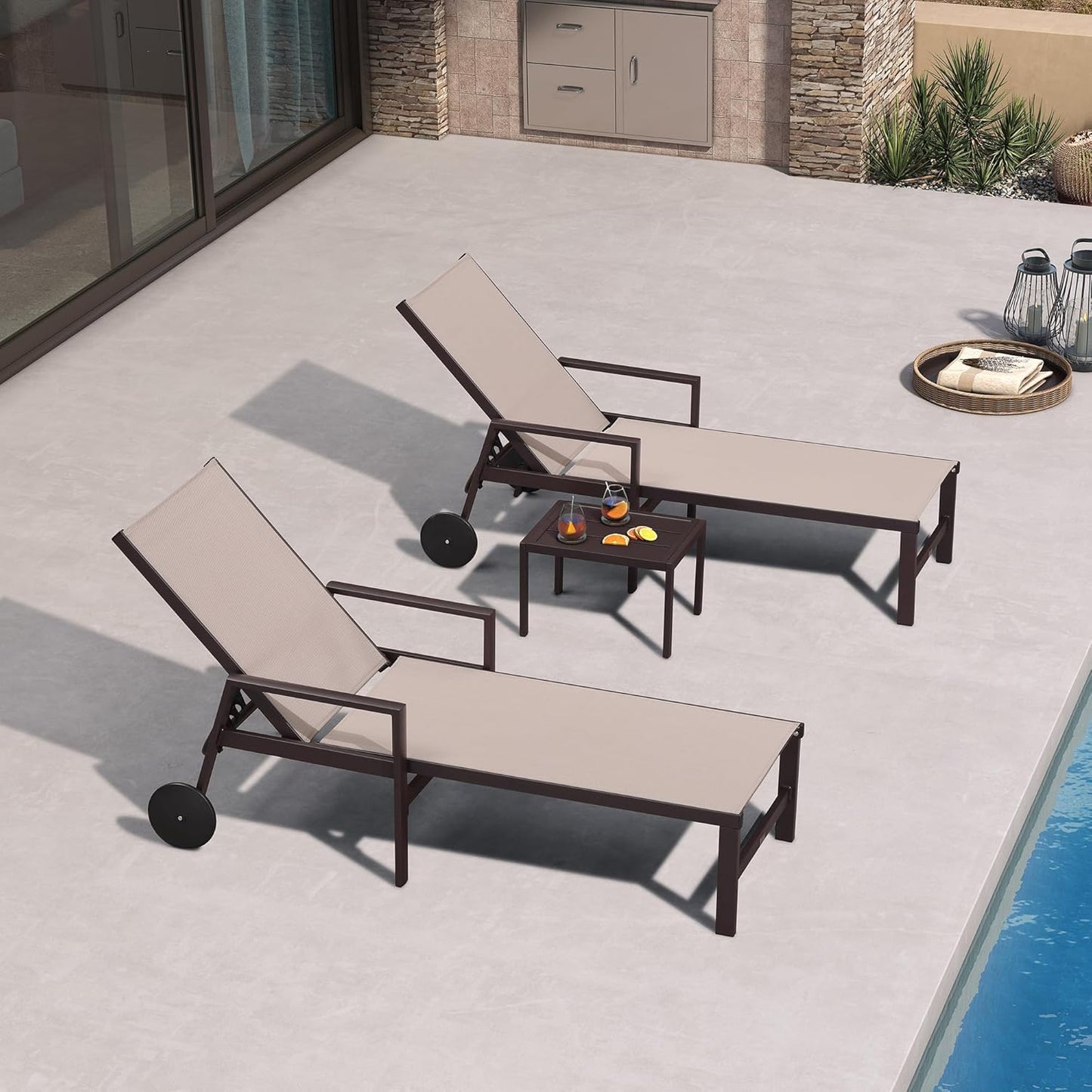 PURPLE LEAF Pool Lounge Chairs Set of 3 Aluminum Outdoor Lounge Chairs with Wheels and Armrests Adjustable Patio for Deck Outside Lawn Garden, Sand Beige