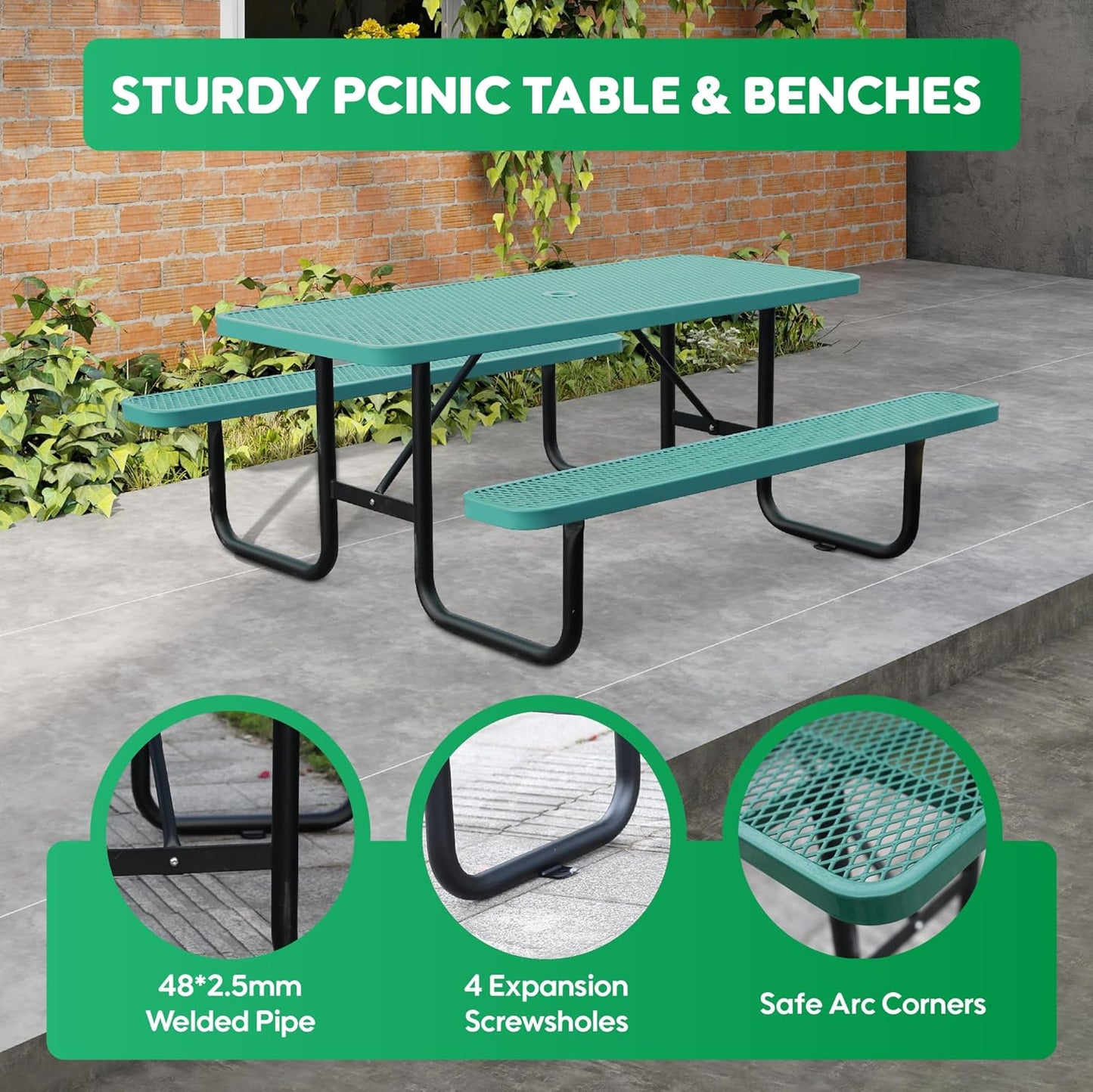 4FT Metal Picnic Tables for Outdoors, Commercial Rectangular Picnic Table and Bench Set for Outside, Patio, Garden, Backyard, Porch, Surface Mount, Green