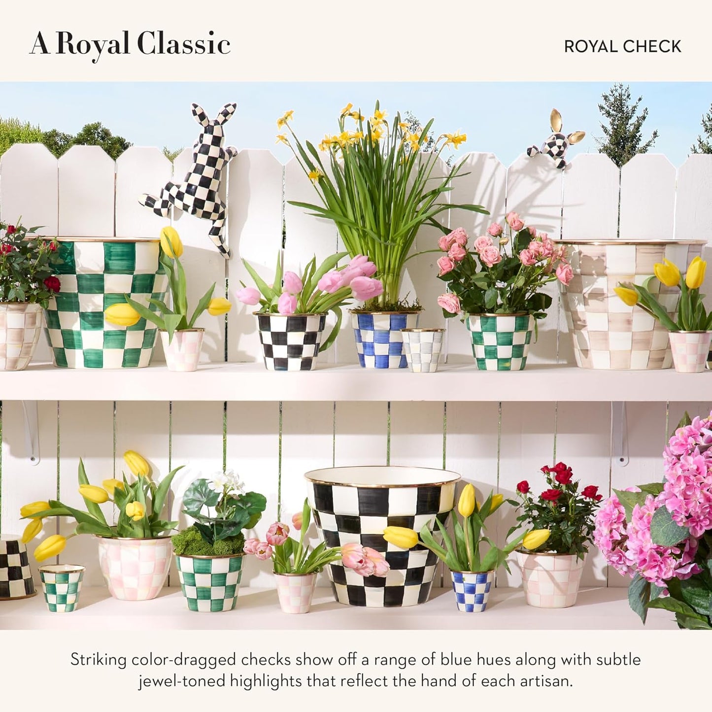 MACKENZIE-CHILDS Enamel Garden Pot, Decorative Pot for Plants, Outdoor Flowerpot Decor, Small, Blue-and-White Royal Check