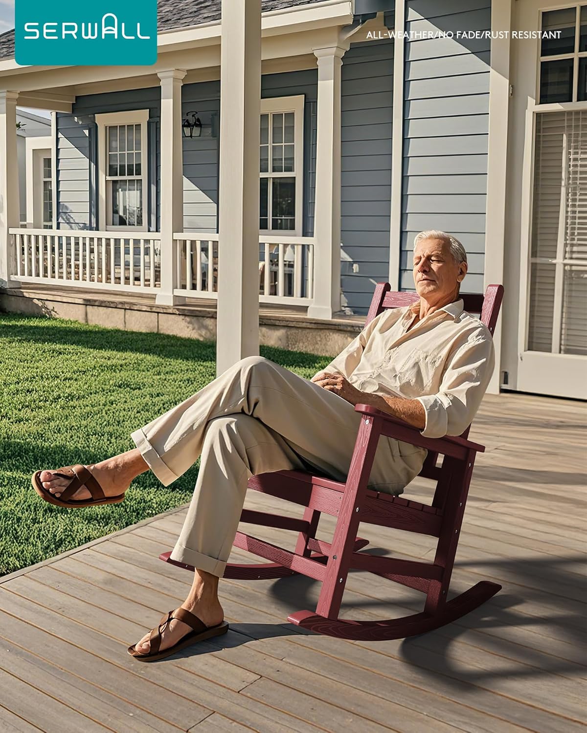 SERWALL HDPE Outdoor Rocking Chair Set of 6, Patio Rocking Chairs for Adults, All Weather Outdoor Rockers for Lawn, Crimson Red