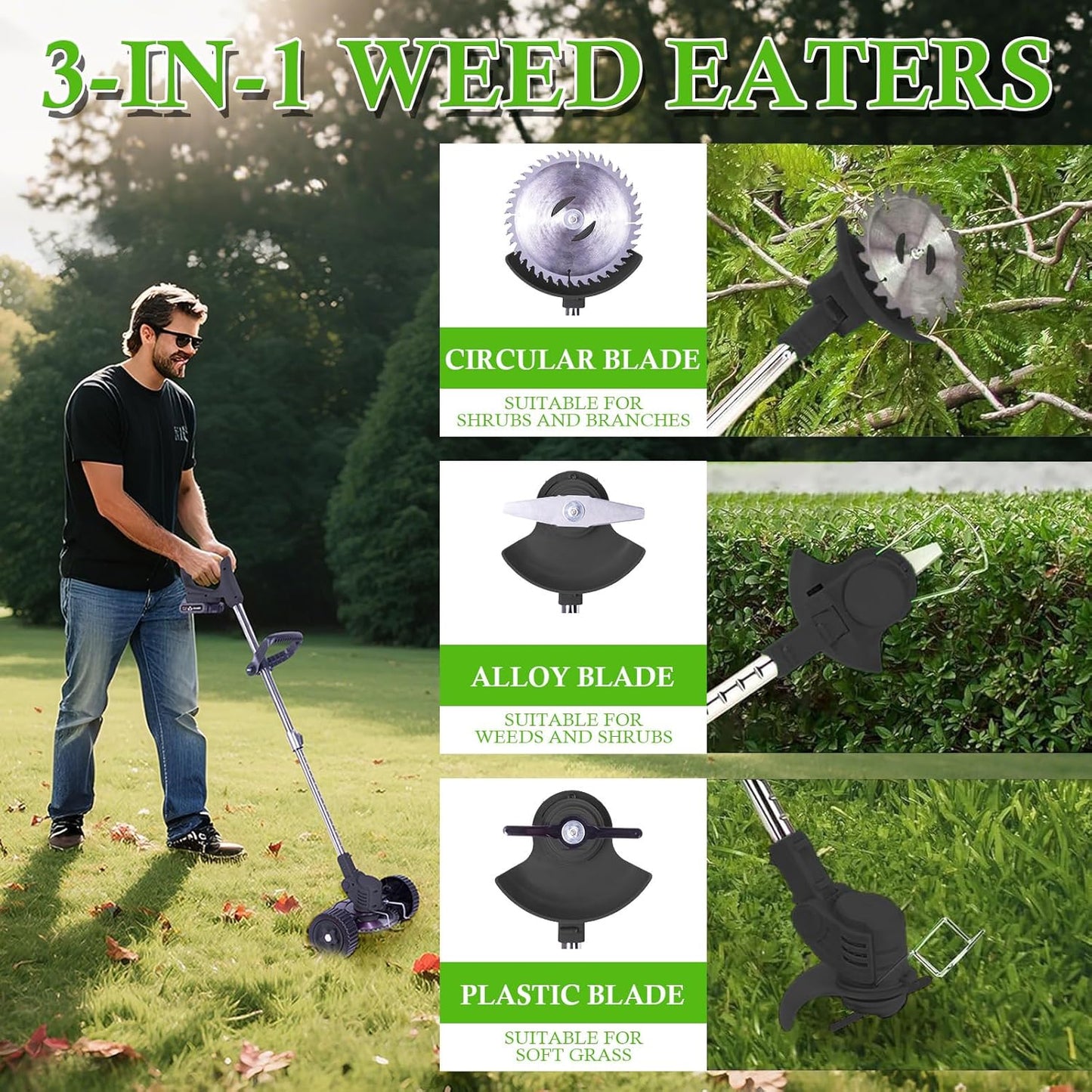 Weed Wacker Cordless Adjustable Weed Eaters 3 in 1 Electric String Trimmer Lawn with Two Battery with Charger Comes with Multiple Blades for Yard,Green,Garden(Black)