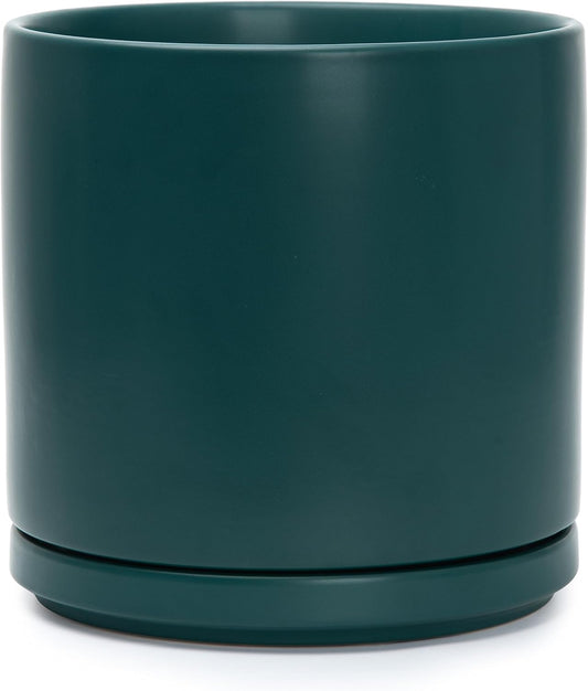 D'vine Dev 10 Inch Ceramic Planter Pot with Drainage Hole and Saucer, Indoor Cylinder Round Planter Pot, Teal, 94-O-E-9