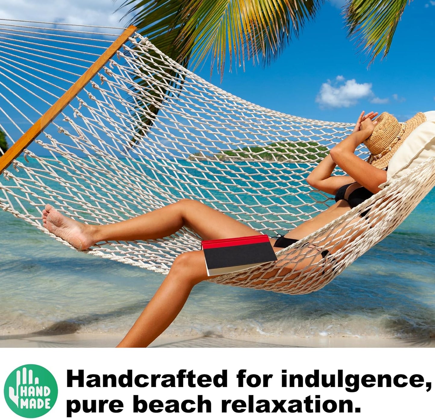 12ft Double Hammocks, Handwoven Traditional Cotton Rope Hammock with Hardwood Spreader Bar, Chains and Hooks for Indoor Outdoor, Max 450 lbs Capacity (Beige, Full)