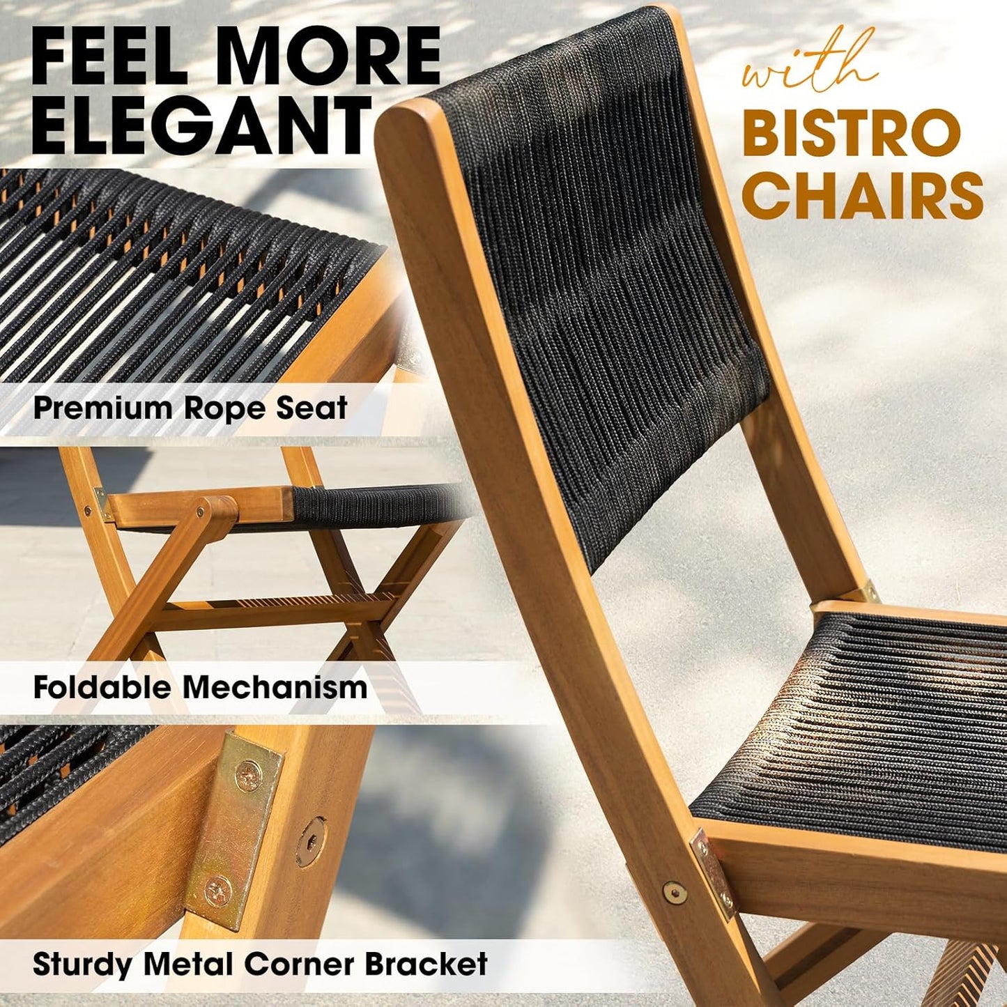 IDZO Wood Rope Design Heavy Duty 400lbs Capacity Patio Bistro Set 3 Piece Outdoor, Black