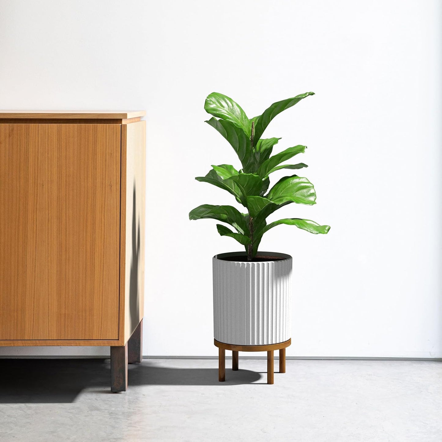 Veradek Demi Series Round Planter w/ Stand for Porch/Patio | Durable Plastic-Concrete & Wooden Stand | Modern Décor for Tall Plants, Flowers