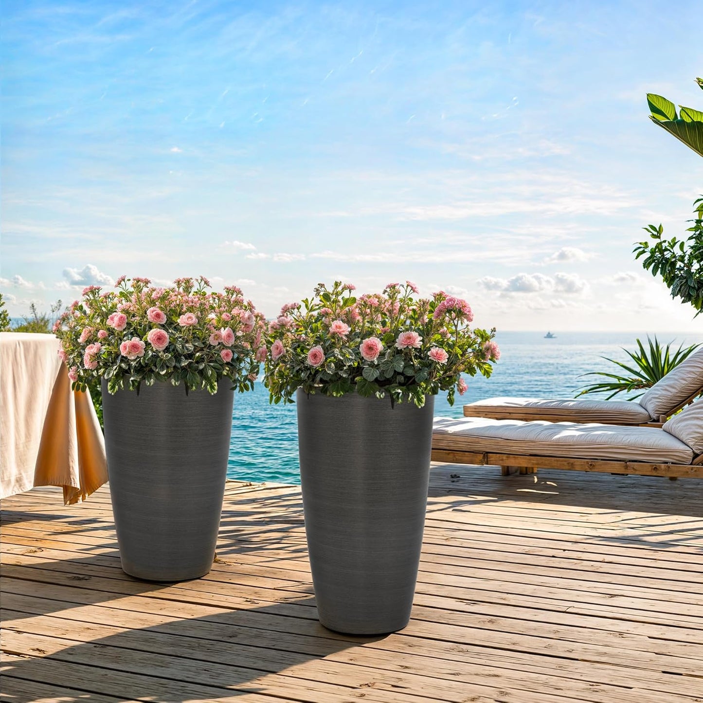 22.8" Resin Outdoor Planters (Set of 2) – Handmade Brushed Metal Finish Large Flower Pots, Durable & Weatherproof for Indoor/Outdoor Décor