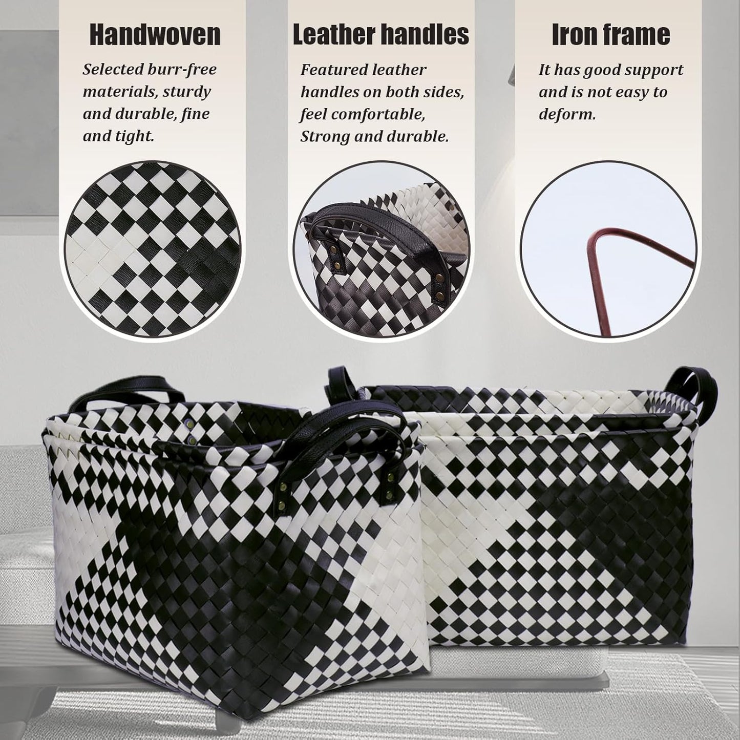 BROWNLILY Handwoven Clothes Basket Laundry Hampers Large Wicker Storage Baskets for Shelves Blankets Closet Storage Bins Car Bedroom Bathroom Organizers and Storage Bath (Pack of 4, Beige & Black)