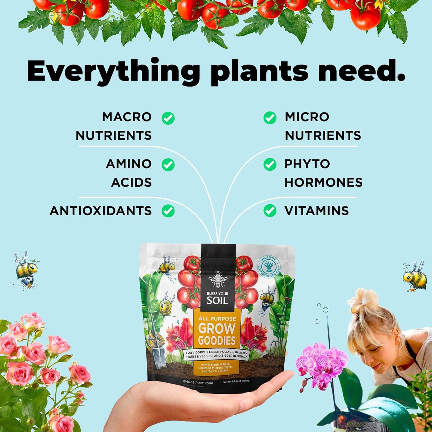 All Purpose Plant Food - Grow Goodies, High-Performance Fertilizer, Triple 16 NPK + Organic Superfoods and Micronutrients (Roses, Vegetables, Orchids, Tomatoes, Gardens, 1LB)