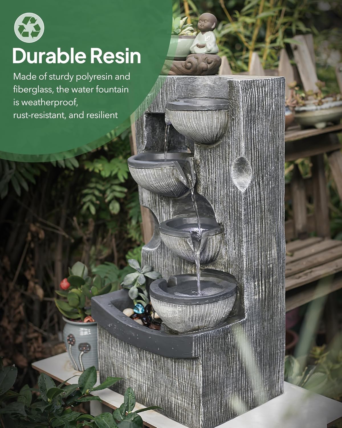 23.43" H Outdoor Water Fountain, 5 Tiers Bowls Garden Water Fountains with LED Light, Modern Natural Waterfall Fountain for Garden, Patio, Yard and Home Art Decor