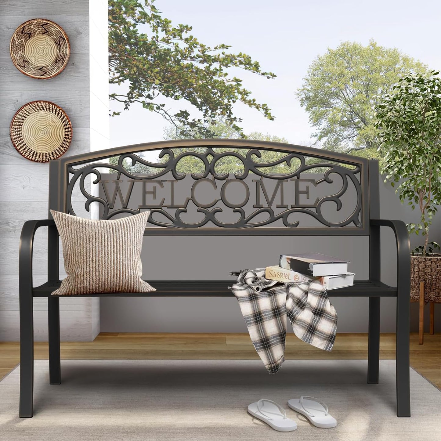 On Shine 50'' Patio Garden Bench, Loveseats Patio Park Bench,Black Steel Cast Iron Frame Bench,Metal Bench Outdoor for Porch Yard Lawn Deck (Bronze-Welcome)