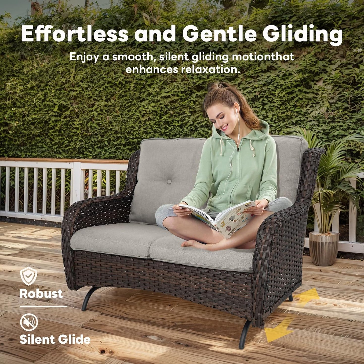 4 Piece Patio Furniture Set - Outdoor Glider Bench with Swivel Rocker Chairs and Coffee Table, High Back Small Outdoor Conversation Furniture Sets for Deck Sunroom Balcony Backyard