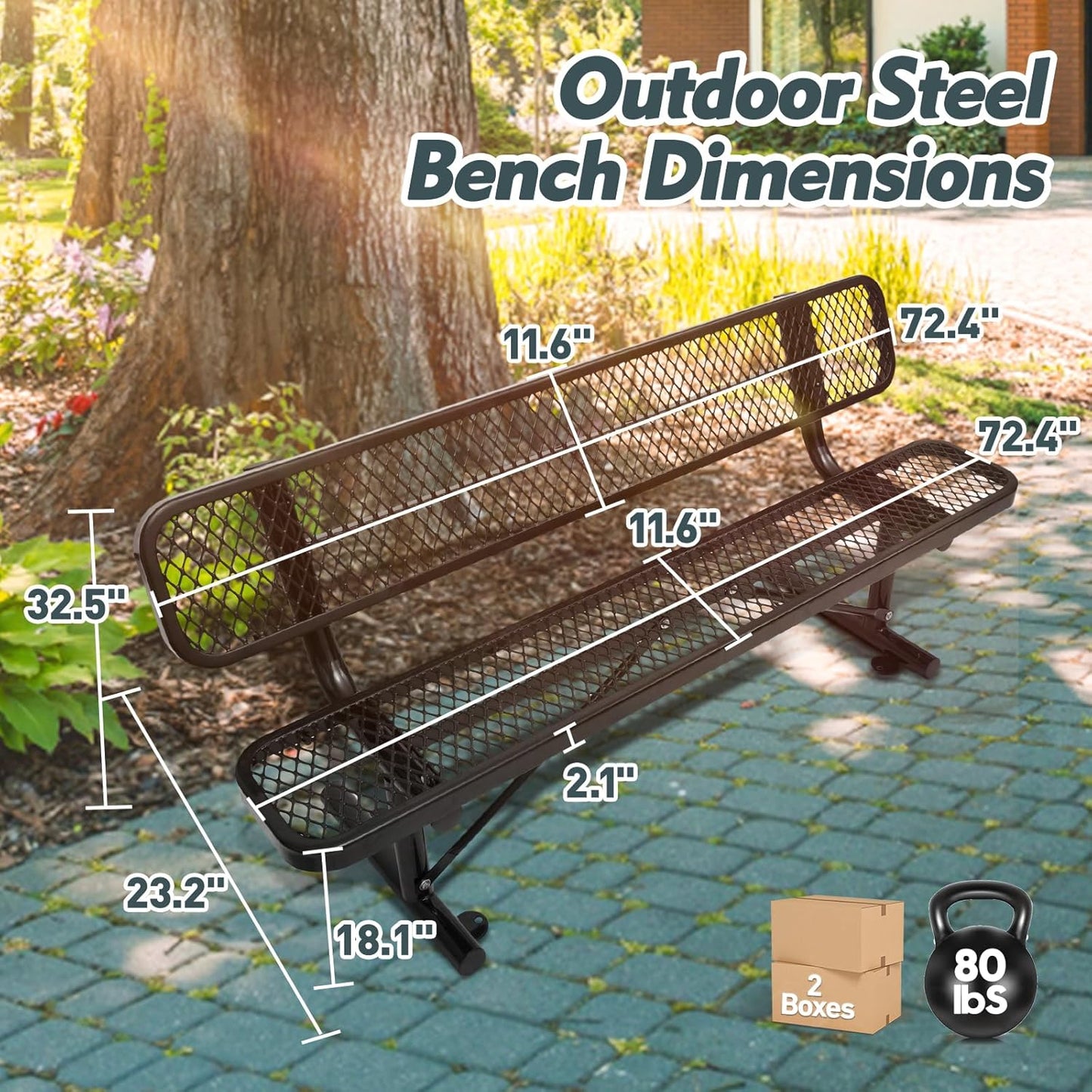 Thermoplastic Coated Iron Park Bench for Outside, Heavy Duty Metal Garden Bench, Expanded Commercial Grade Seating for Shopping Malls, Lawn Yard Porch Entryway (Black with Backrest, 72IN)