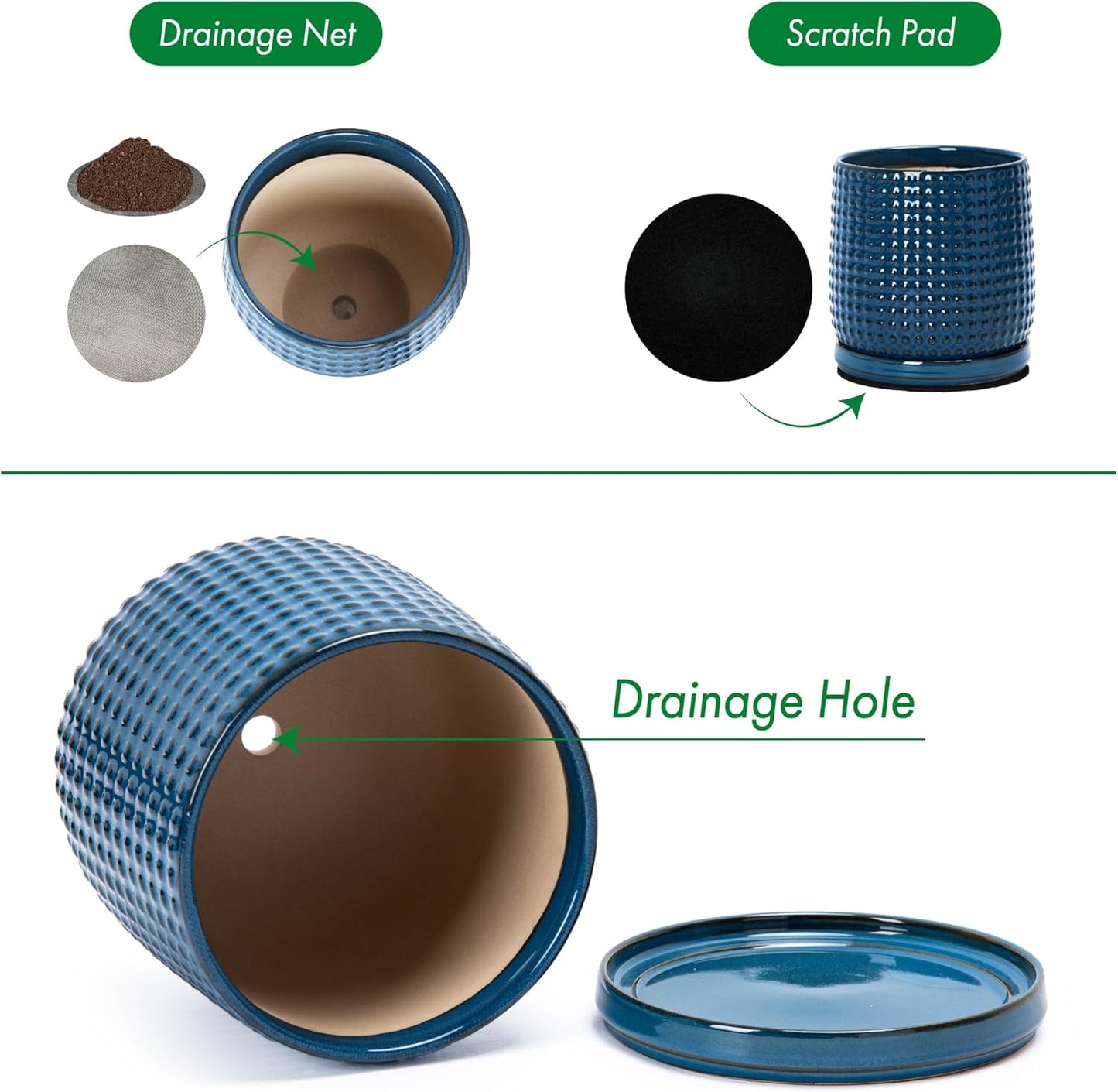 D'vine Dev 6 Inch Ceramic Beaded Stoneware Planter Pot - Flower Pot with Drainage Holes and Saucers for Indoor Succulent Plants or Flowers, Midnight Blue, 27-C-X-3