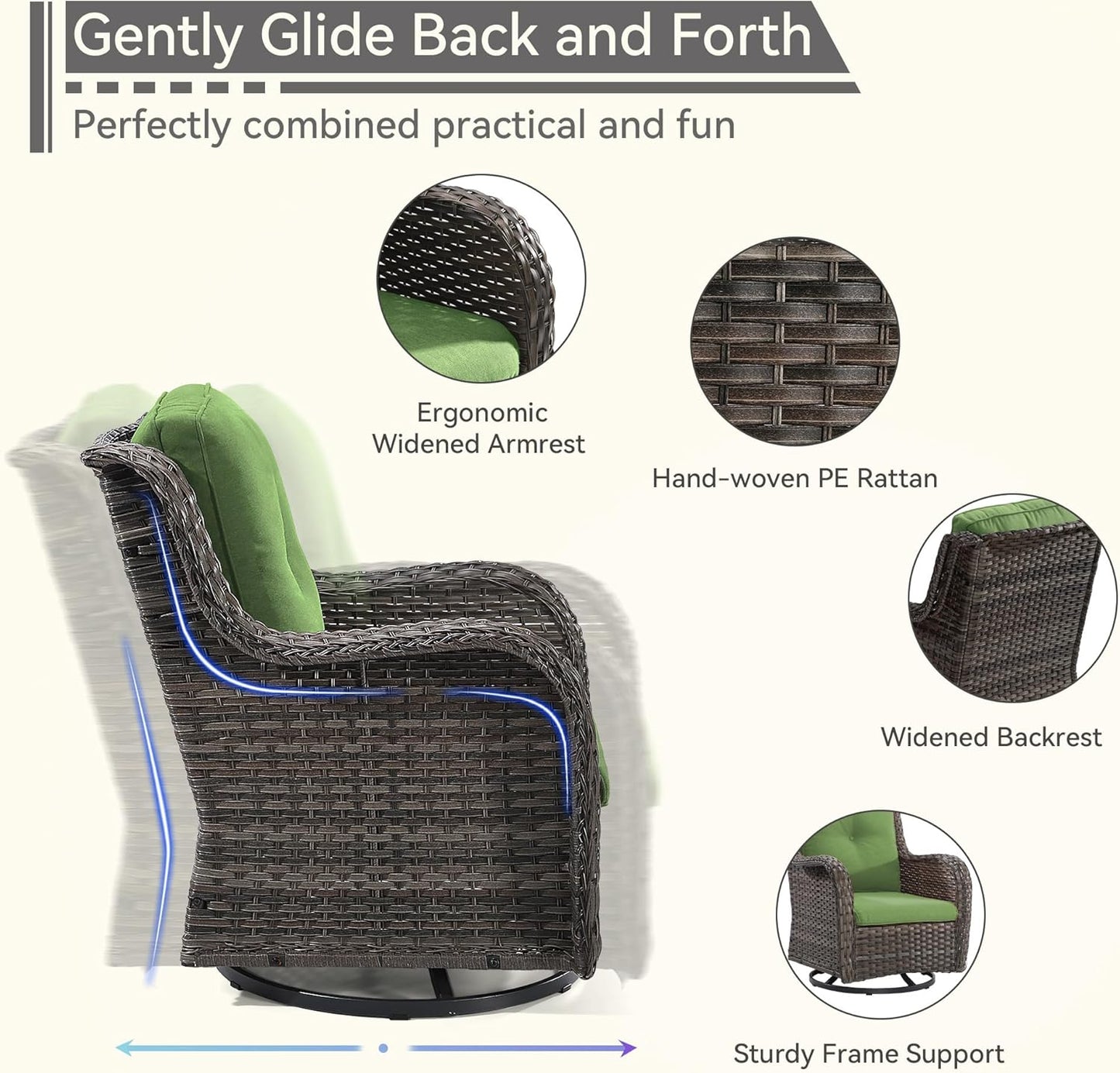 3 Pieces Outdoor Furniture Set - Patio Wicker Swivel Rocker Chair Set of 2 and 1 Side Table, Green, Mixed Brown Rattan, Suitable for Porch, Yard