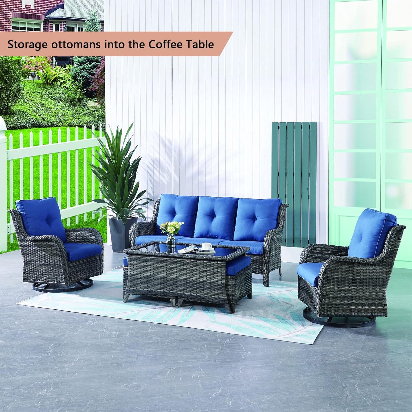 Patio Tables Wicker Coffee Table - Outdoor Rattan Coffee Tables with Glass Top for Patio Proch Deck Balcony Rectangle Mixed Grey