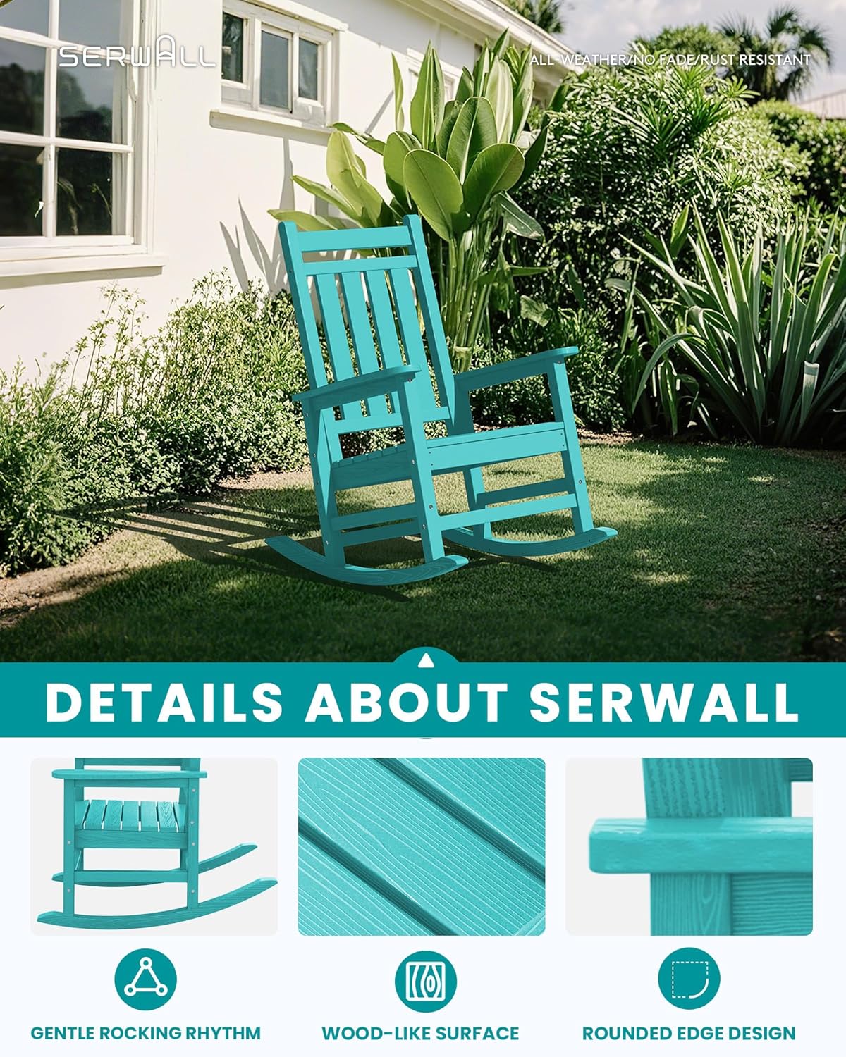 SEWALL HDPE Rocking Chair, Oversized Outdoor Rocking Chair for Adults, Patio Rocker for Porch, Aruba