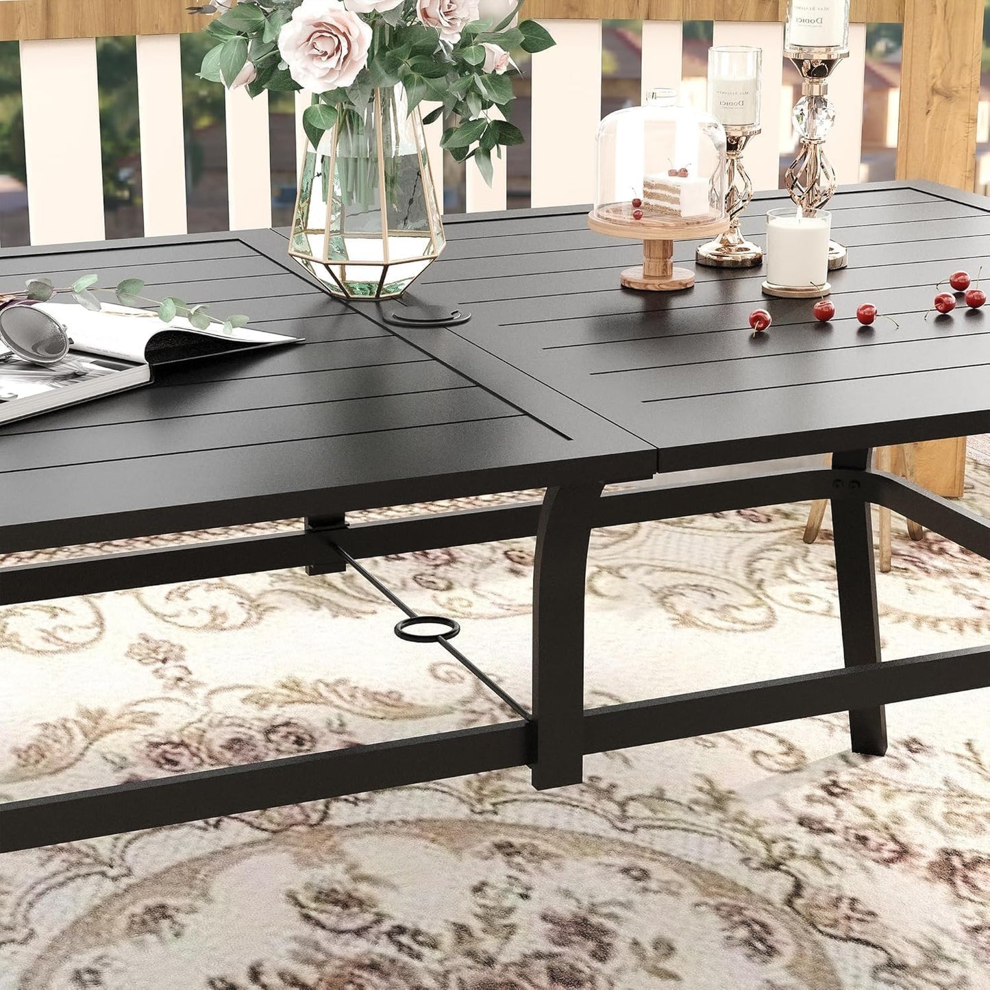 VICLLAX Patio Dining Set for 6, Outdoor Furniture Set Includes 59" Rectangle Patio Table and 6 Patio Sling Chairs, Outdoor Table and Chairs for Outsides, Black Tabletop and Red Fabric