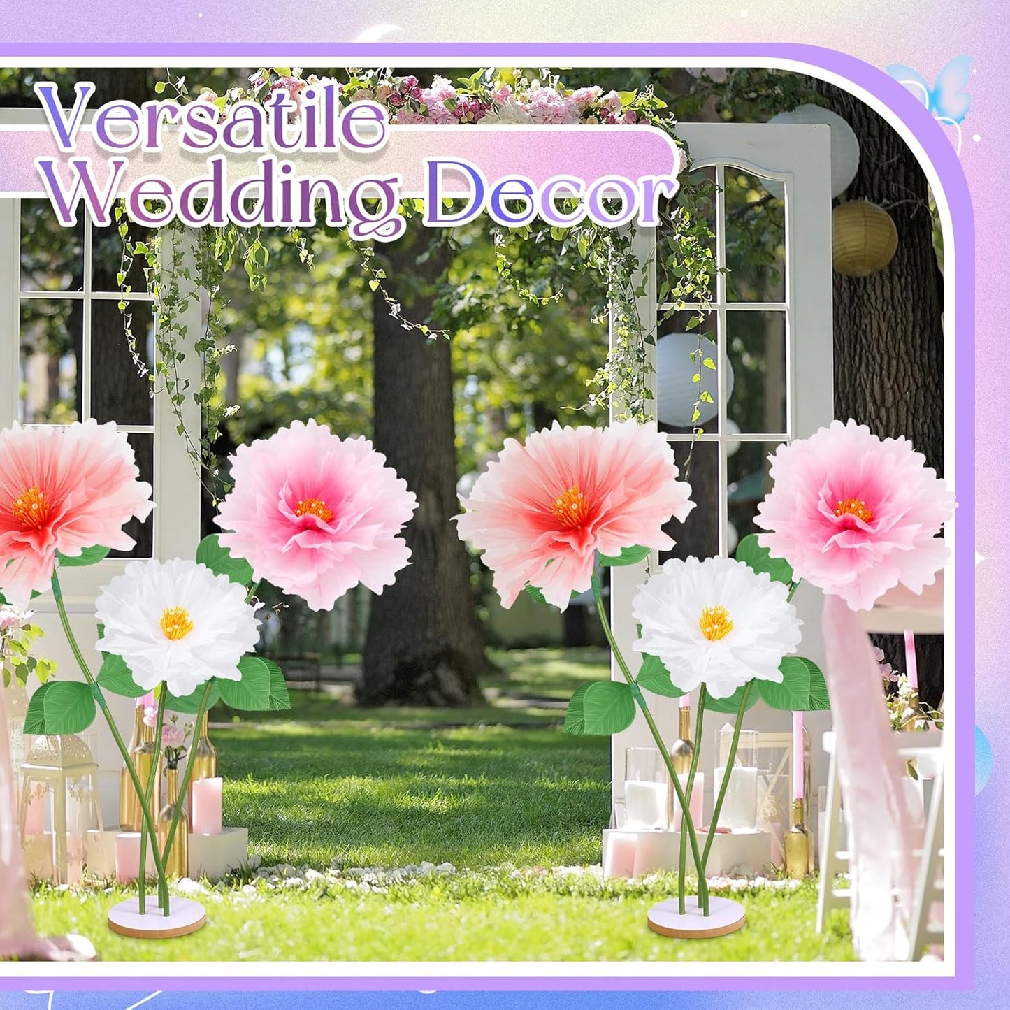 Havawish 3pcs 19.7in Giant Butterfly Flowers Decoration for Wedding Reception, Artificial Gauze Large Flower Butterflies Prop for Wedding Banquet Ceremony Church Party(Flowers)