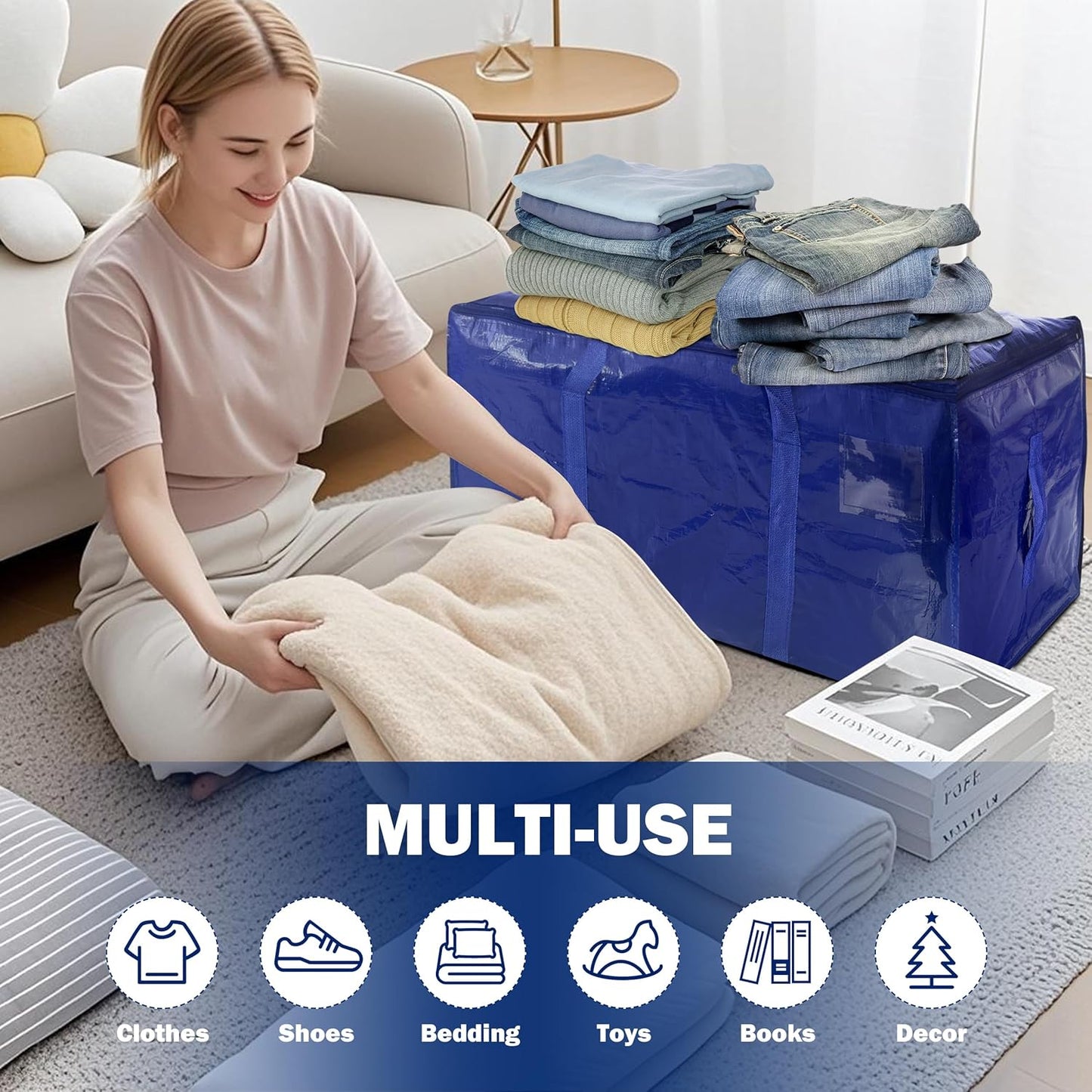 12 Pack Extra Heavy Duty Large Moving Bags with Strong Zipper & Carrying Handles, Sturdy Clothes Storage Bag Totes Bins, Packing Bags Moving Boxes College Moving Supplies, Dark Blue - 40 gal