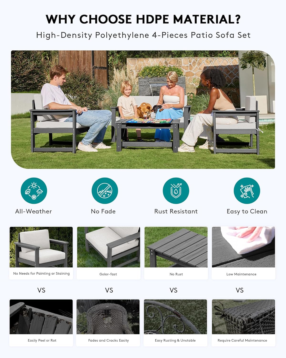 SERWALL 8 Pieces HDPE Outdoor Conversation Sofa Set with Cushions, All Weather Use Couch Loveseat Furniture Set with Pads, Outdoor Social Sofa Coffee Table Set, Grey Frame with Khaki Cushions