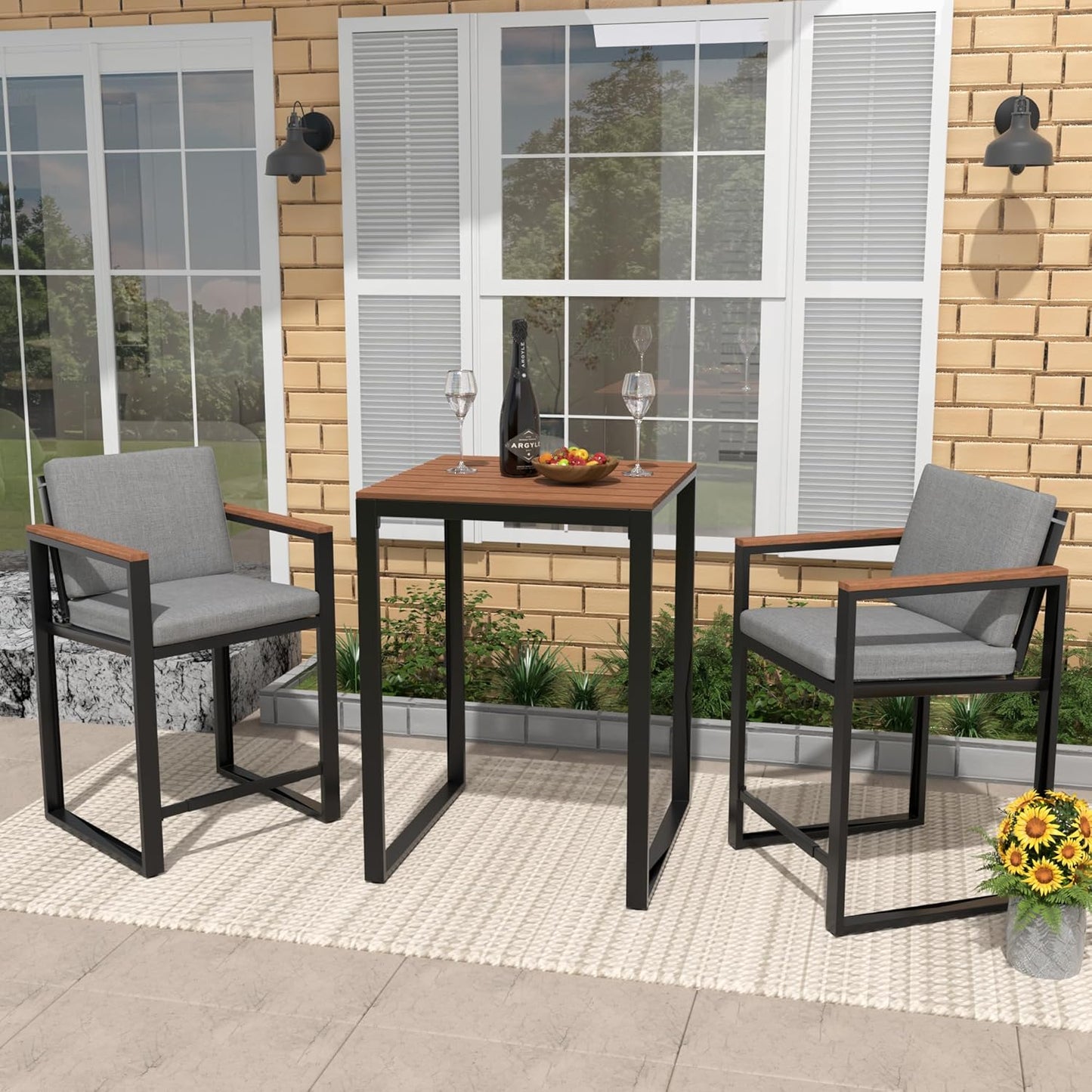 NATURAL EXPRESSIONS 3-Piece Bar Table and Chairs Set, Outdoor Bar Set with Fauxwood Armrest, Water-Resistant and Removable Cushion, All Weather Bar Height Patio Table and Chairs for Backyard, Home