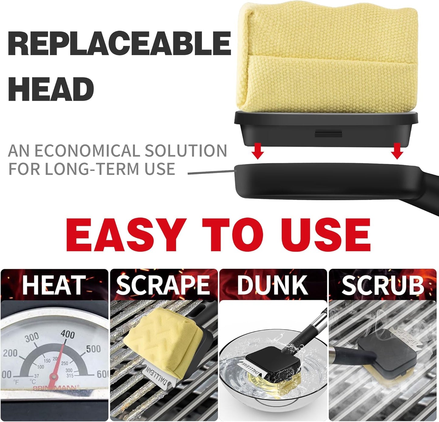 BBQ Grill Brush Bristle Free for Outdoor Grill, Replaceable Head Cleaning Brush, Steam Grate Cleaner, BBQ Cleaning Brush, Scraper for Grill Grates, Safe Barbecue Grill Brush