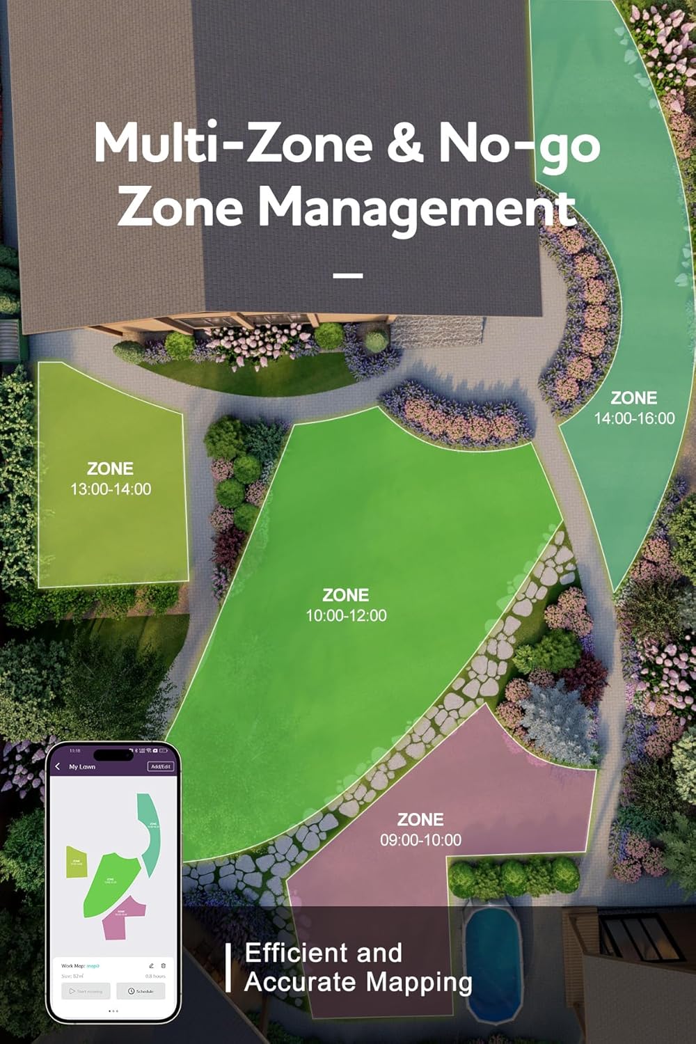 Robot Lawn Mower N2000 Perimeter Wire Free RTK,TOF,Vision Robotic Lawnmower 1.5 Acres,AI Assisted Mapping,Virtual Boundary,Multi Zone Management,APP Control,Cut Height 0.8"-3.5",Anti-Theft