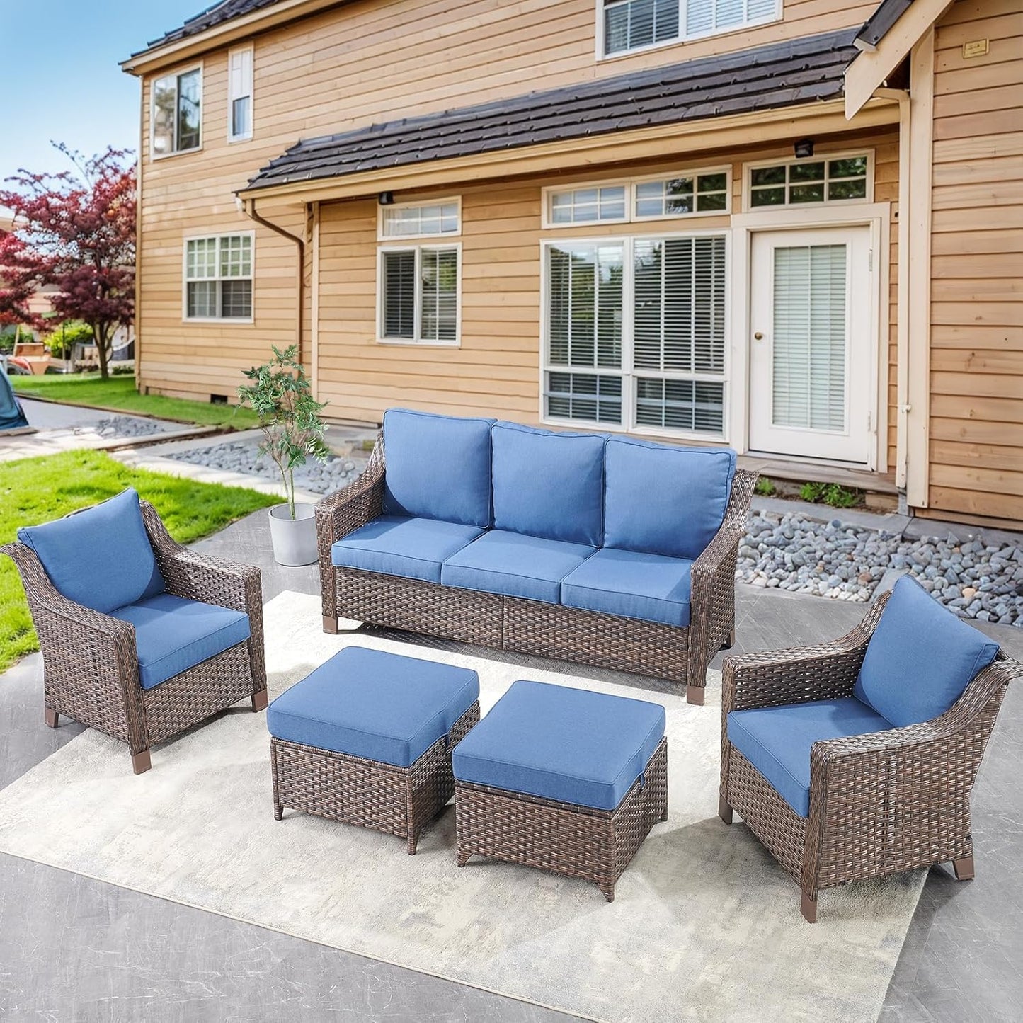 Outdoor Wicker Patio Furniture Set - 5 Piece Outside Rattan Conversation Bistro Sofa Sets with Wicker Chairs, 3-Seat Couch and Ottomans for Porch Balcony Yard Fireplace – Brown/Blue