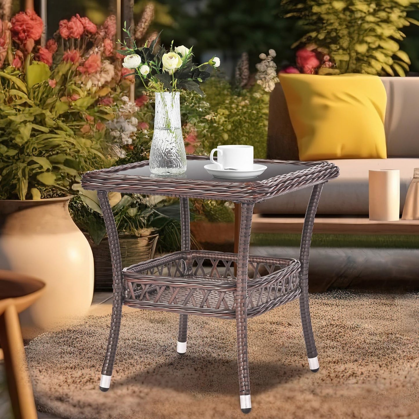 Outdoor Side Table Patio Wicker Coffee Table Outdoor End Table Rattan Bistro Table with Storage & Black Glass Table Top Square for Outside Balcony Porch Backyard Deck Brown