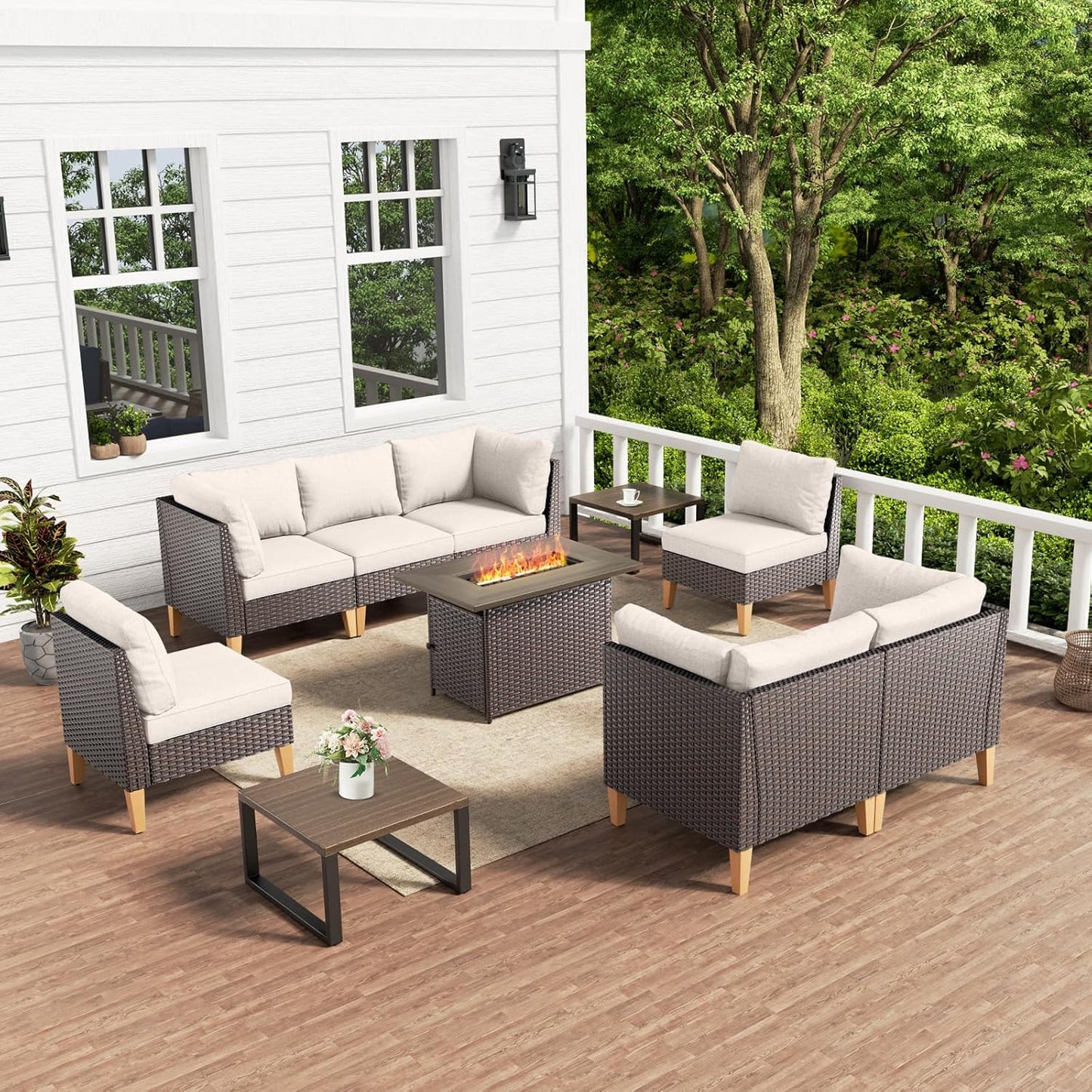 HUMMUH 10 Pieces Patio Furniture Set with Fire Pit,Outdoor Modular Sectional Couch Loveseat Chairs with Table,All Weather PE Wicker Patio Conversation Sets for Deck Porch Backyard