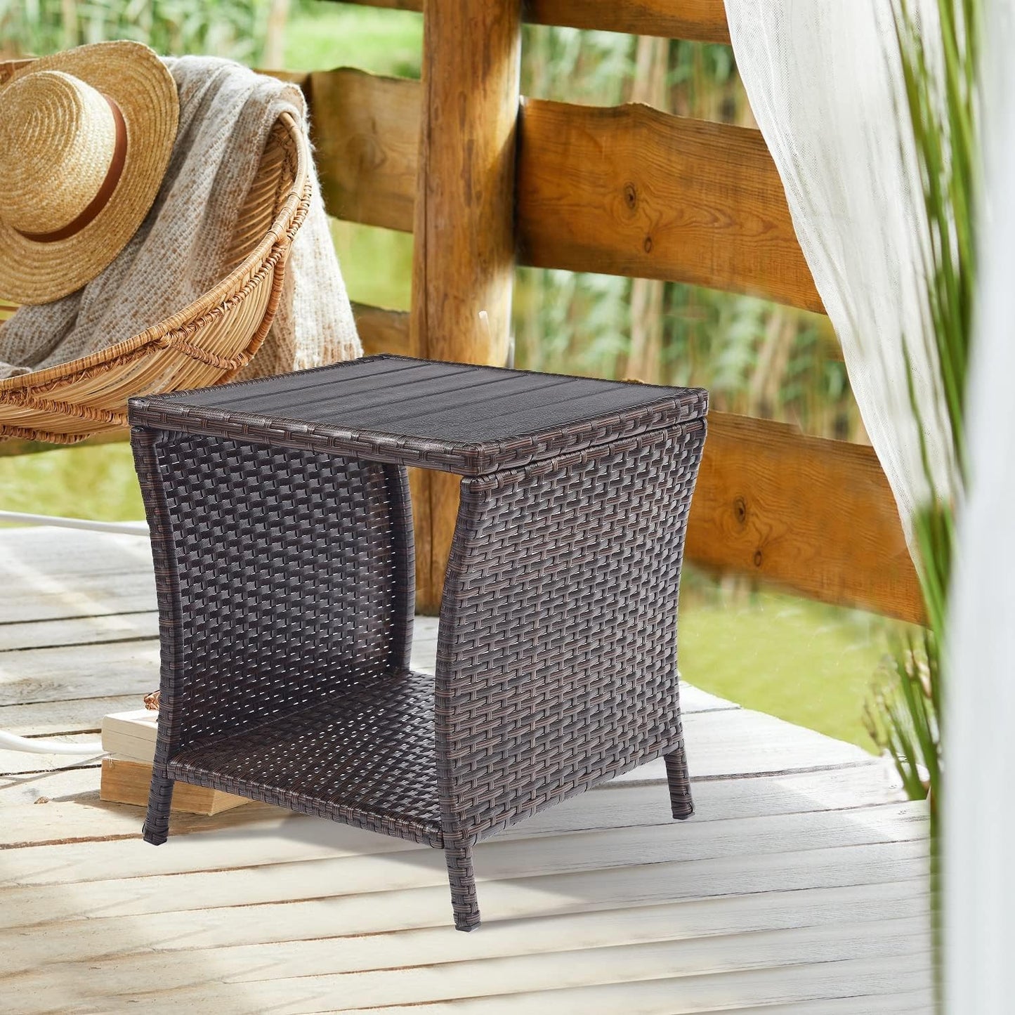 Outdoor Side Table for Patio Small Rattan Wicker Coffee Table Balcony Table Outside End Table with Poly Lumber Table Top & Storage Bistro Table for Garden Porch Deck Living Room Backyard Brown