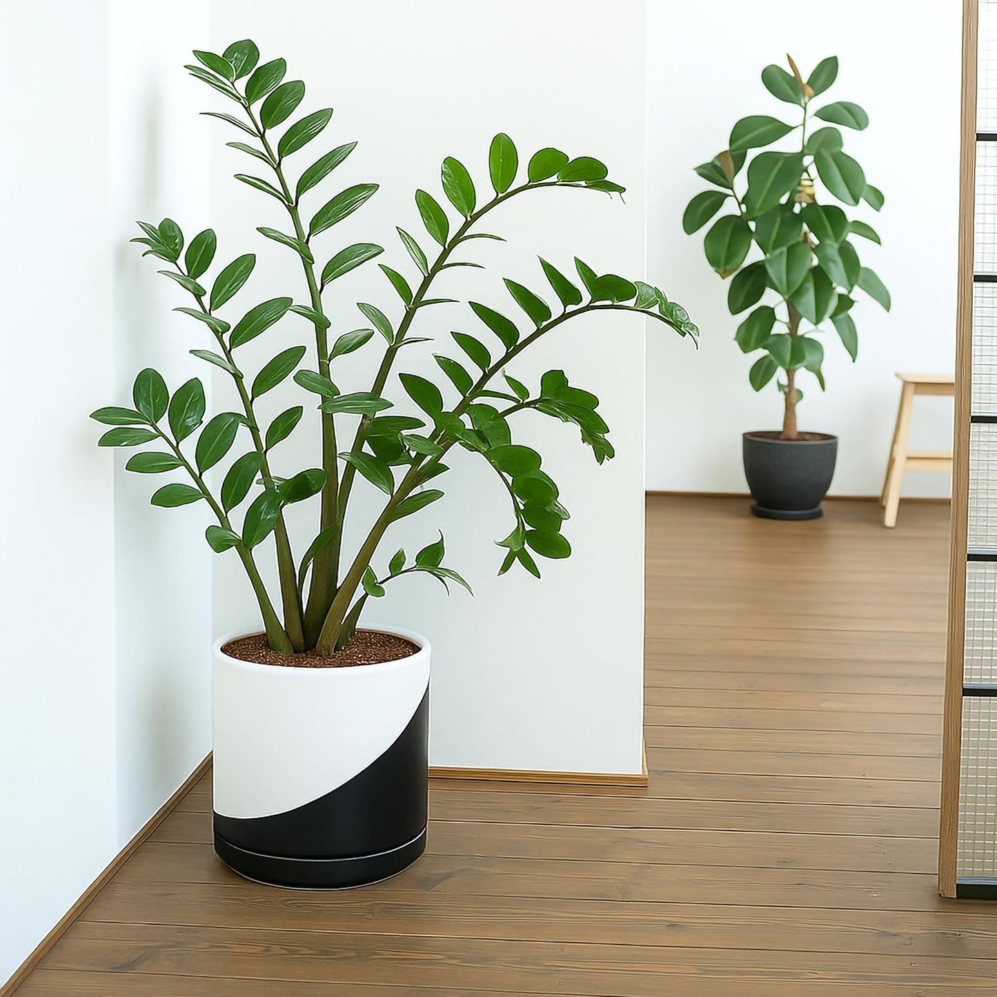 D'vine Dev 10 Inch Ceramic Planter Pot with Drainage Hole and Saucer, Indoor Cylinder Round Planter Pot, Oblique Monochrome Black and White, 94-O-E-K