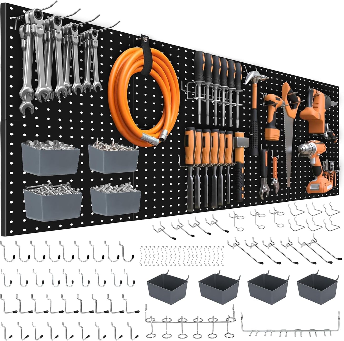 88 PCS Pegboard Panels Metal Black with Accessories Kit, Heavy Duty Steel Peg Boards Wall Tool Organizer with Screw, Bins, Hooks, Peg Locks for Garage, Tool Storage, Office, Craft Room, Kitchen