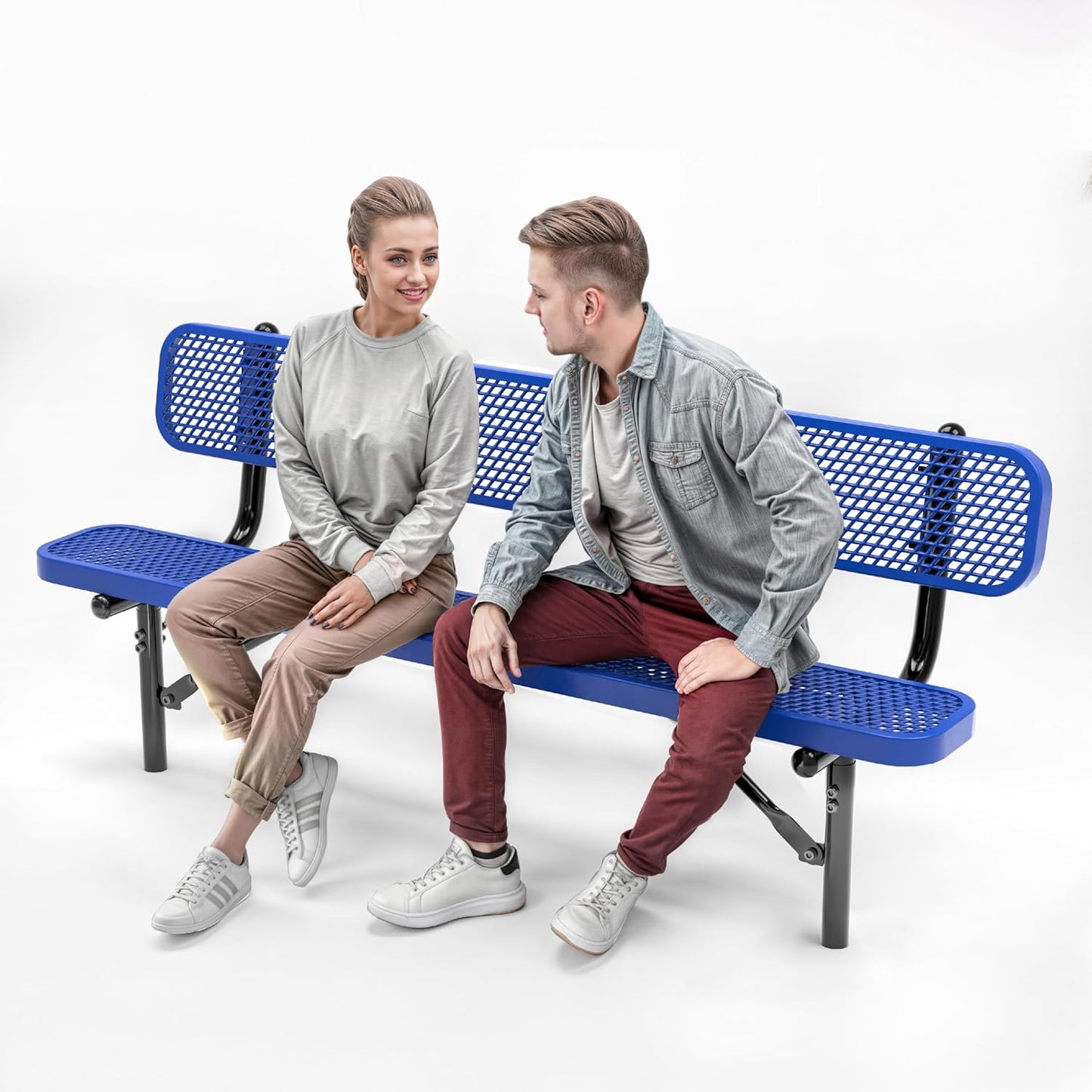 Heavy-Duty Outdoor Metal Bench, Thermoplastic-Coated, Inground, Weatherproof, Commercial-Grade for Parks, Gardens, Patios, Stores & More (6 Ft - Inground with Back, Blue)